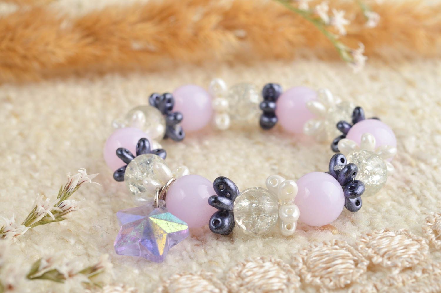 Handmade light pink and transparent beads bracelet for kids  photo 1