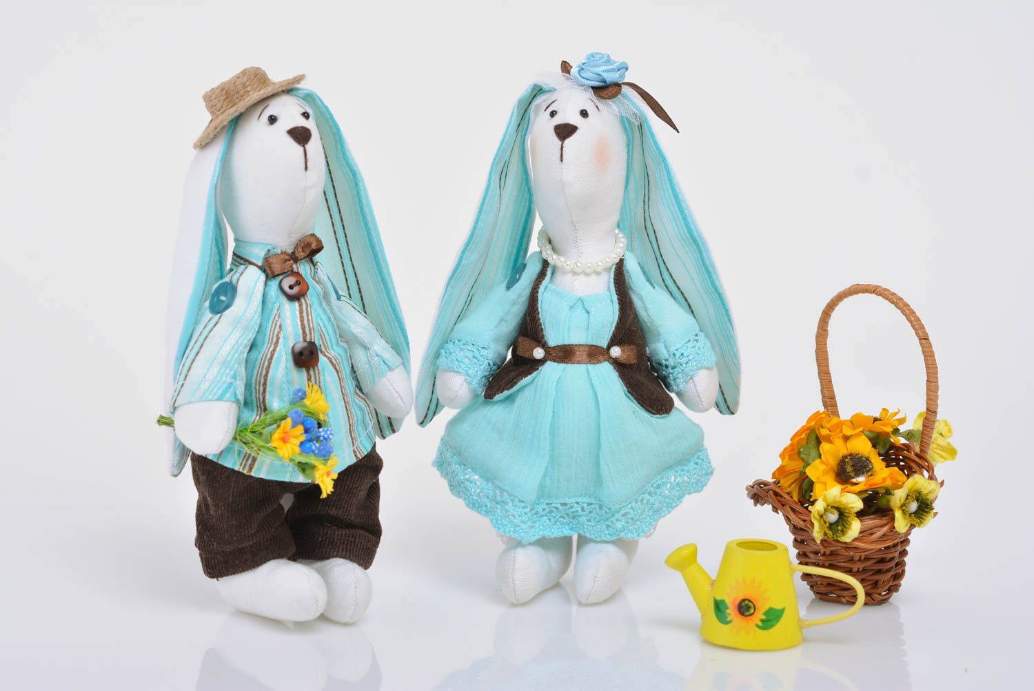 Set of 2 handmade cotton fabric soft toys rabbits boy and girl in blue clothing photo 1