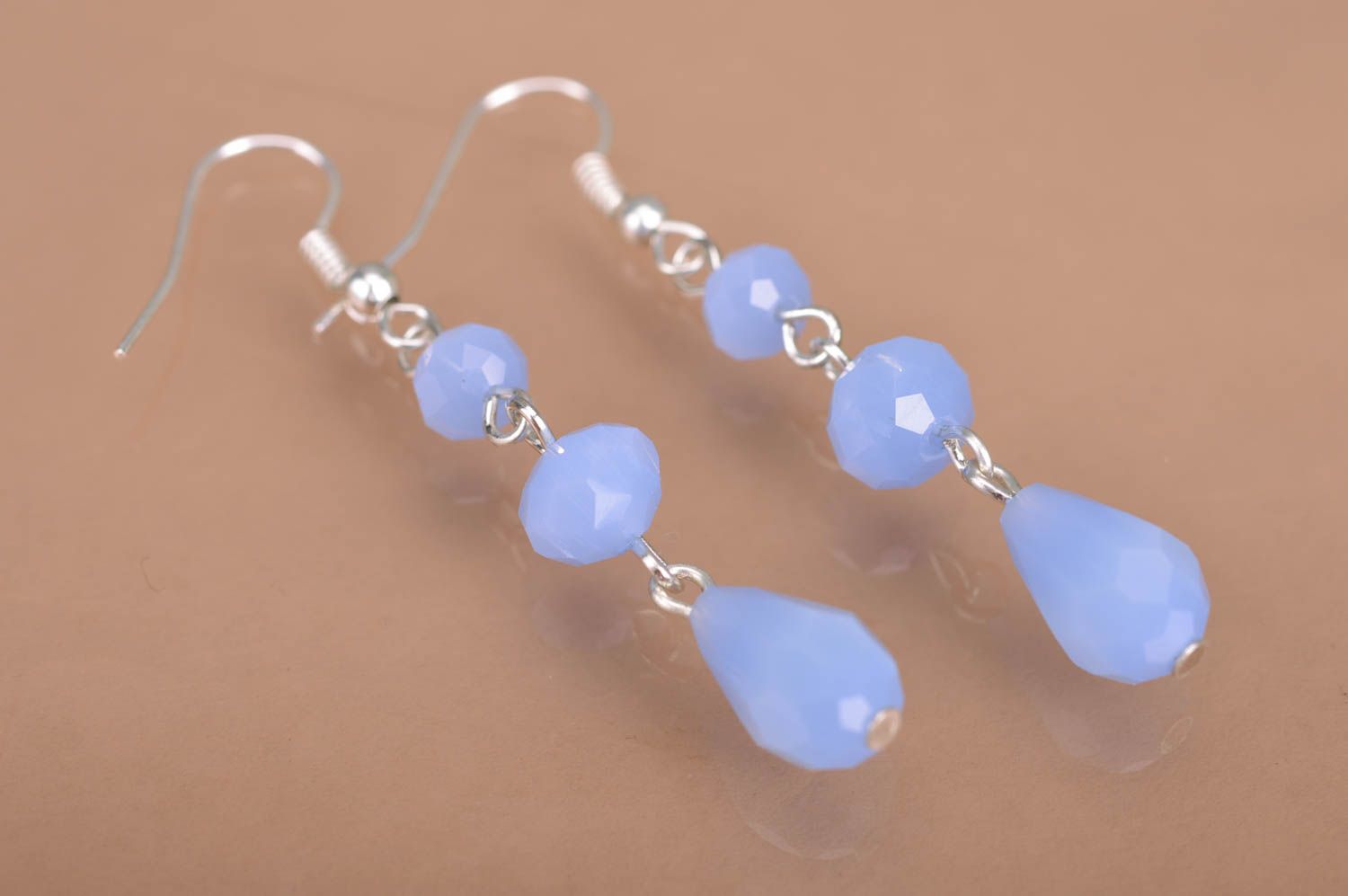 Handmade designer long dangle earrings with blue faceted glass beads for women photo 2