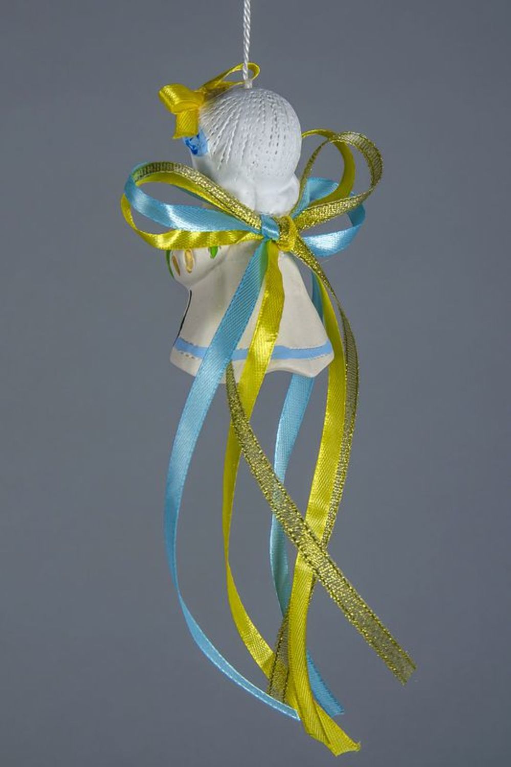 Clochette à vent en argile bleu jaune fait main photo 5