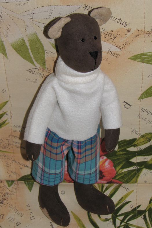 Handmade soft toy sewn of synthetic suede Bear in sweater and shorts for kids photo 1
