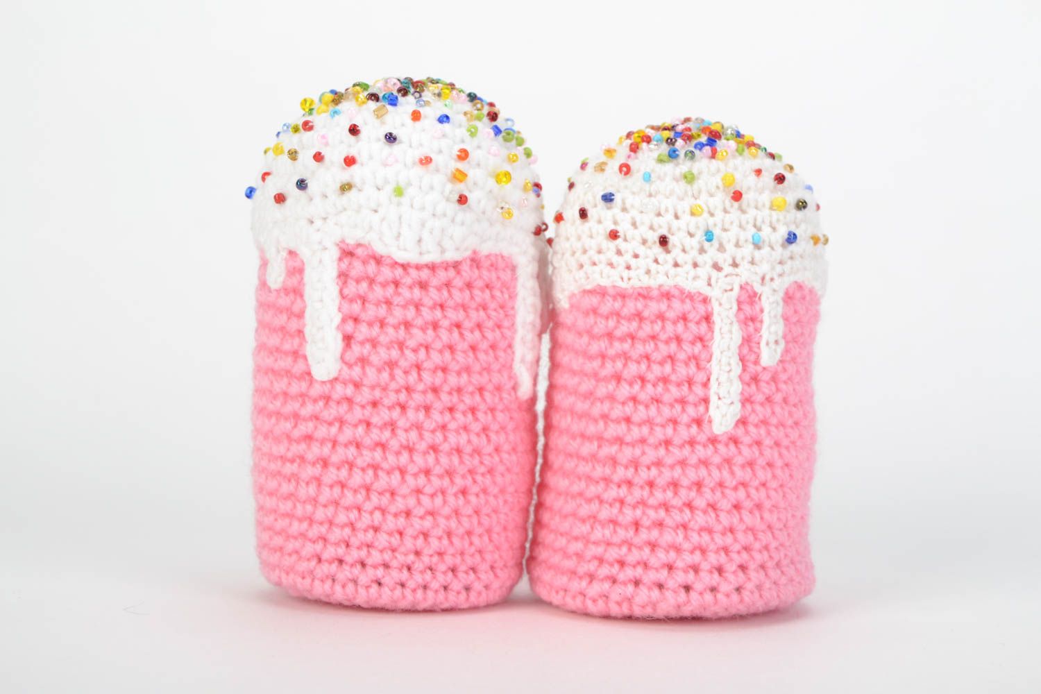 Set of 2 handmade soft crochet toys in the shape of pink and white Easter cakes photo 1