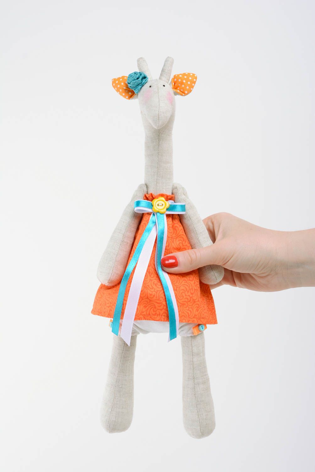 Unusual nice handmade soft toy sewn of linen and cotton fabrics Giraffe photo 5