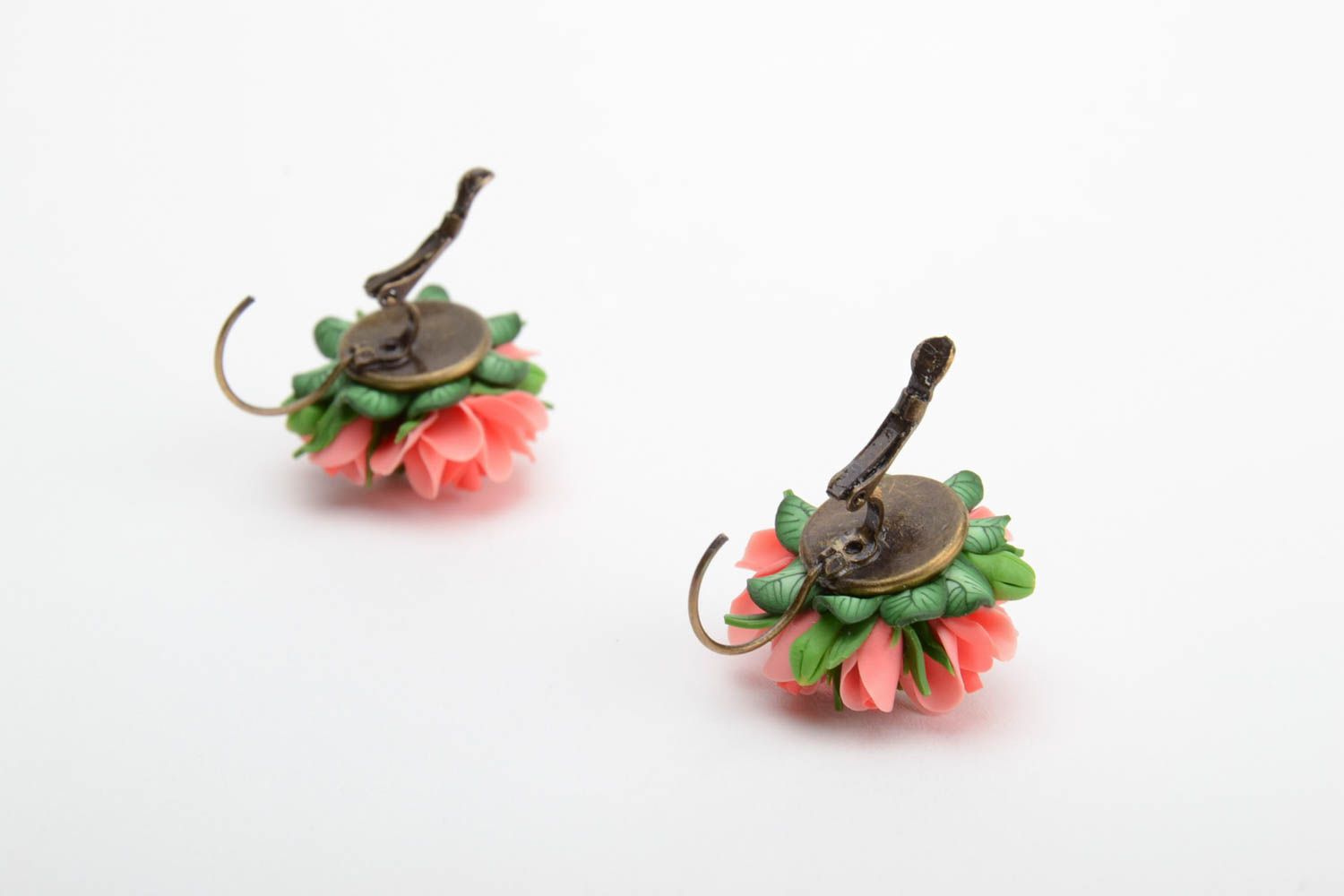 Handmade designer festive earrings with pink polymer clay floral balls photo 3