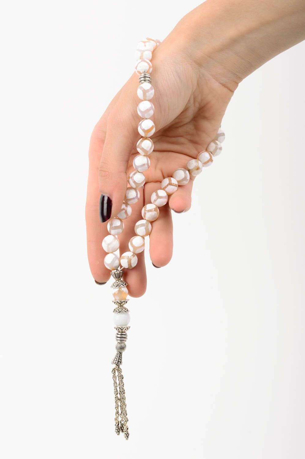 Chapelet fait main Bijou religieux Cadeau original en pierres naturelles blanc photo 2