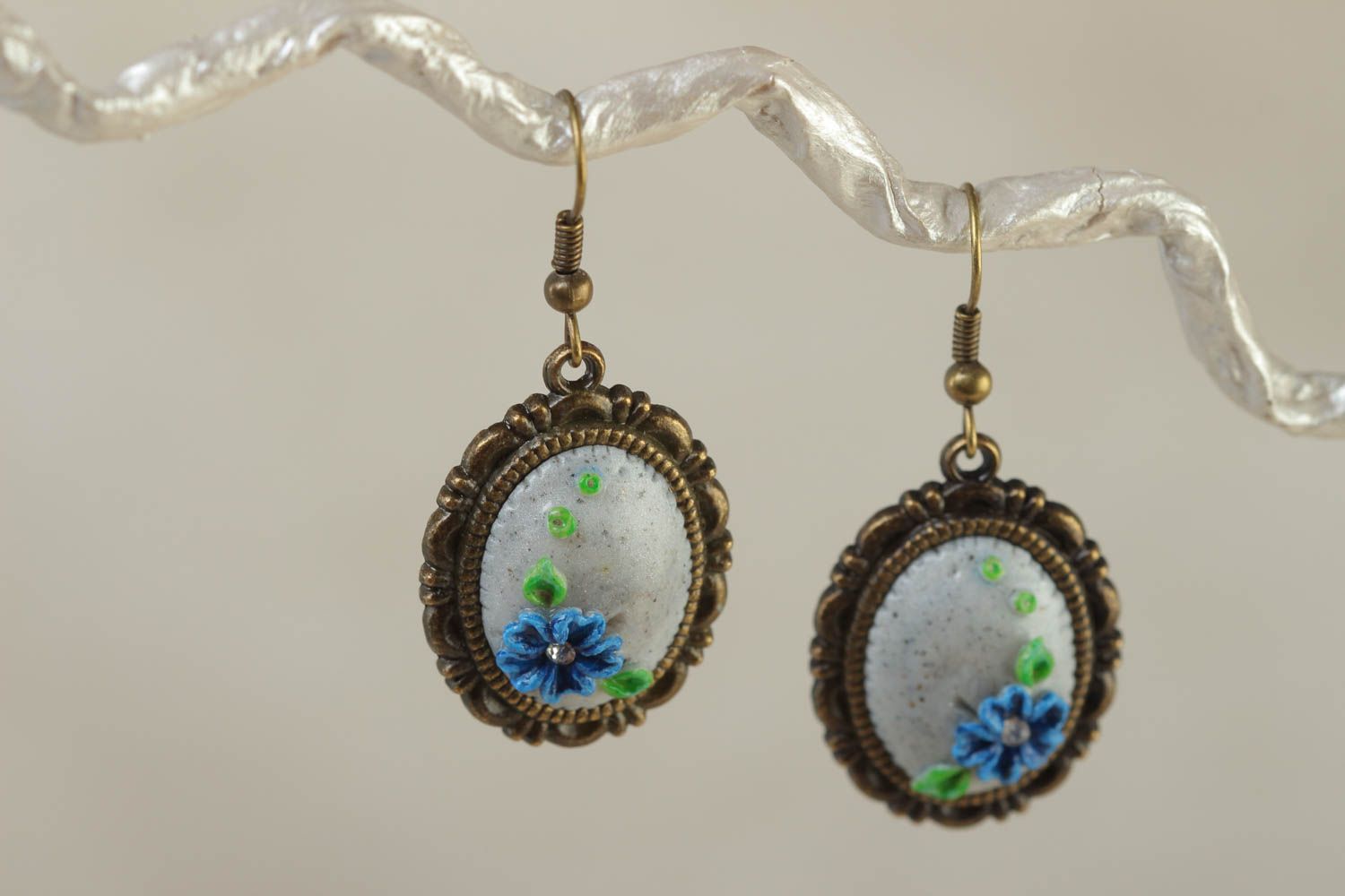 A set of handcrafted oval vintage earrings made of glass glaze with bluettes prints photo 1