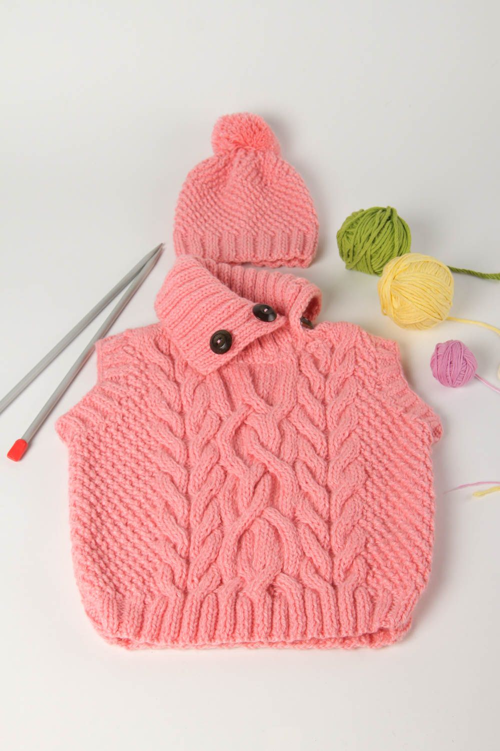 Knitted winter set handmade hat pink vest designer clothes for girl kids present photo 1