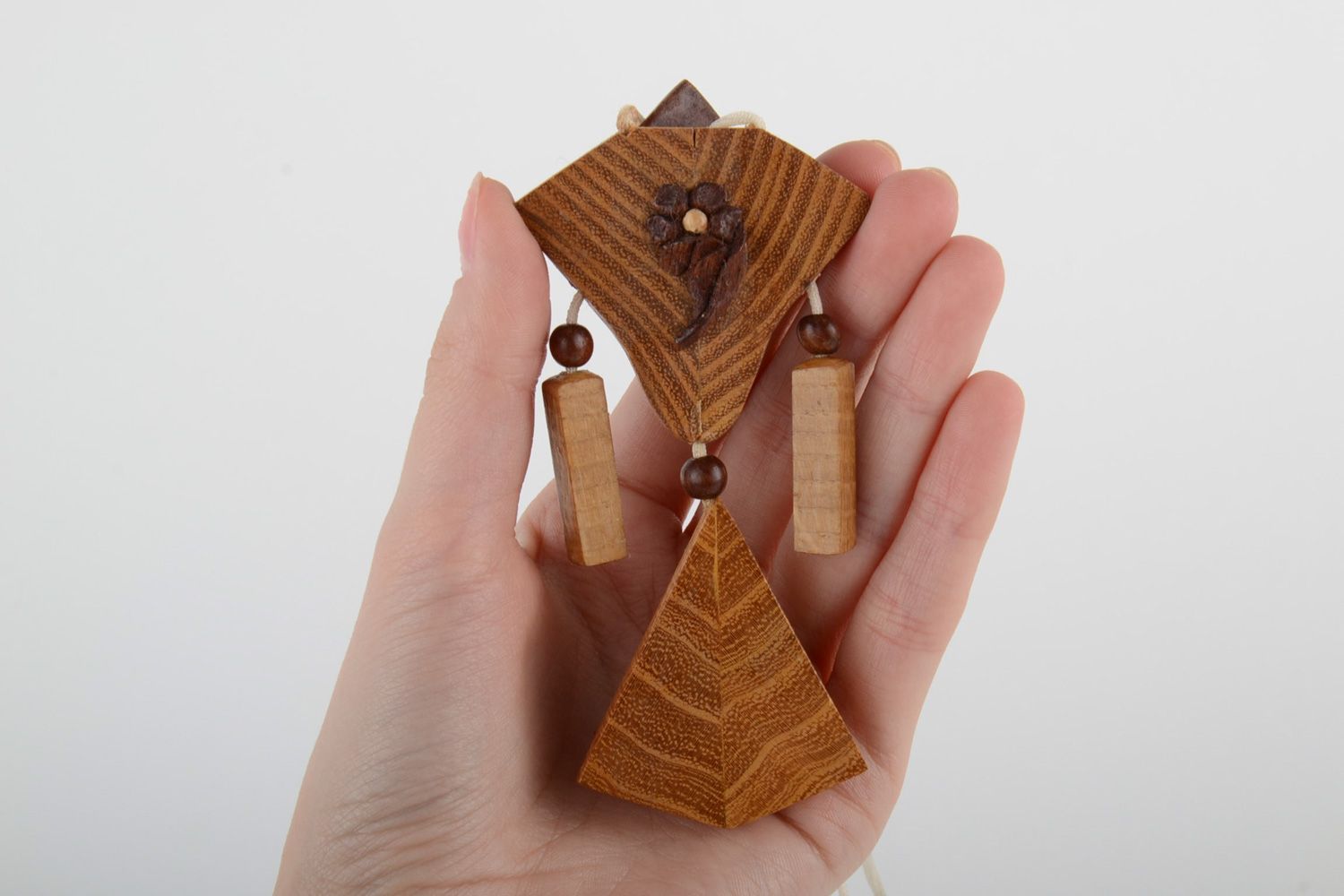 Geometric handmade carved wooden and tinted neck pendant for women  photo 5
