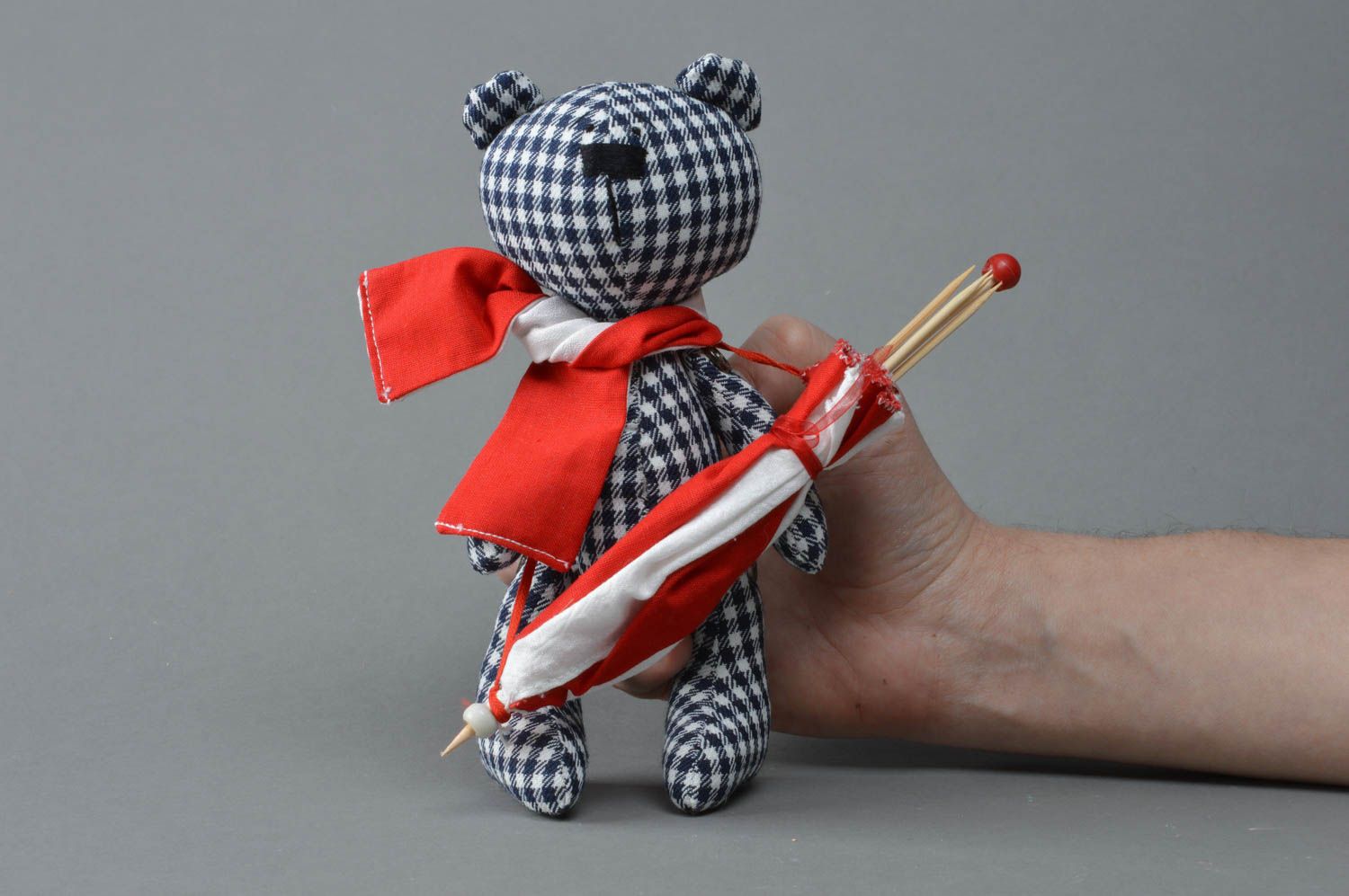 Handmade black and white checkered fabric soft toy bear with red umbrella and bow photo 4