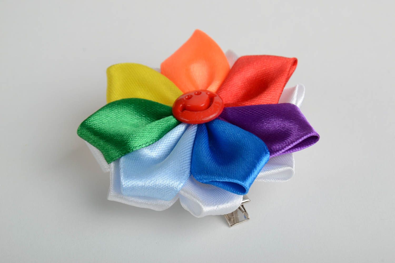Homemade hair clip with satin ribbon kanzashi flower of rainbow coloring photo 2