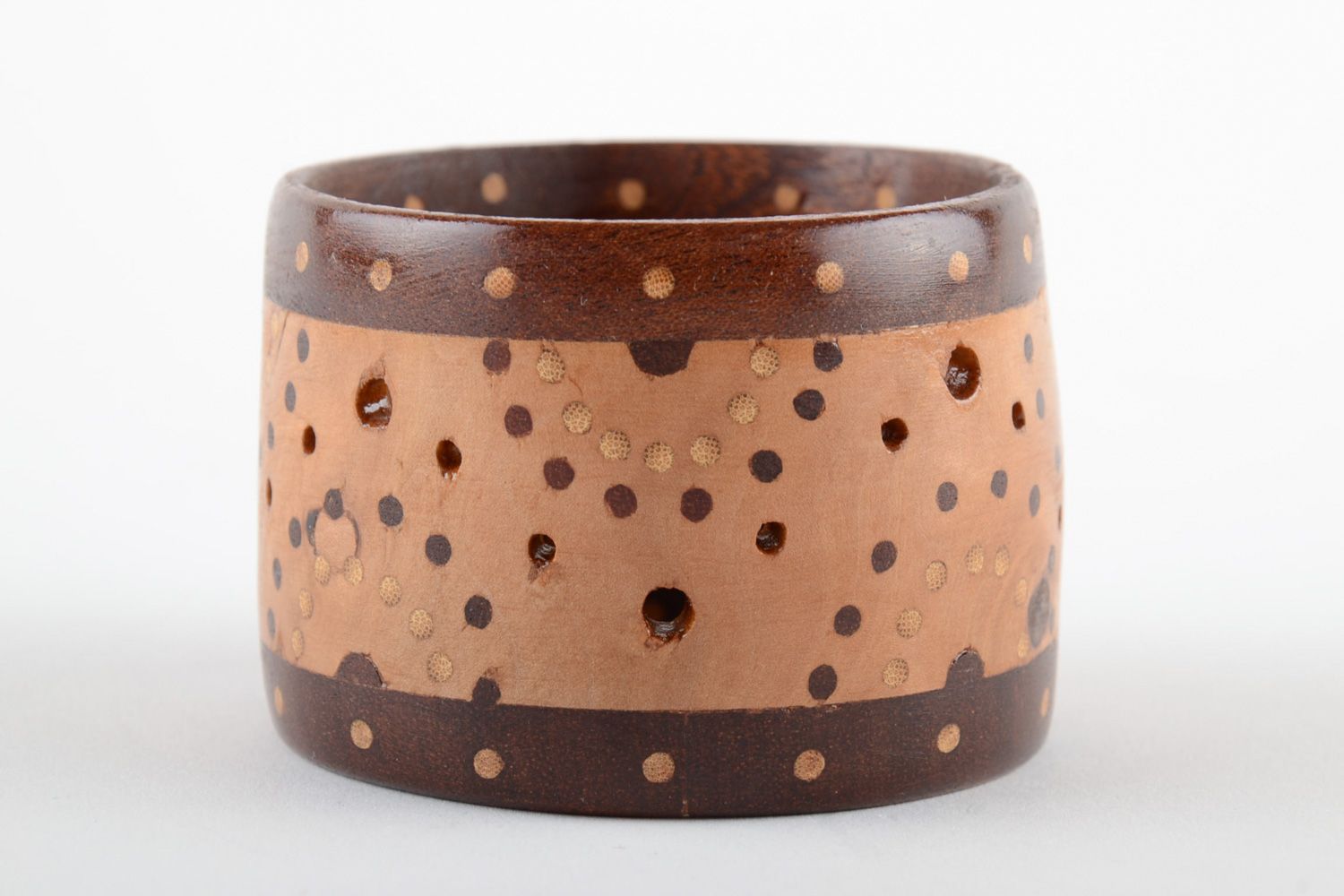 Handmade two-colored wide wooden wrist bracelet with inlay and perforation  photo 2