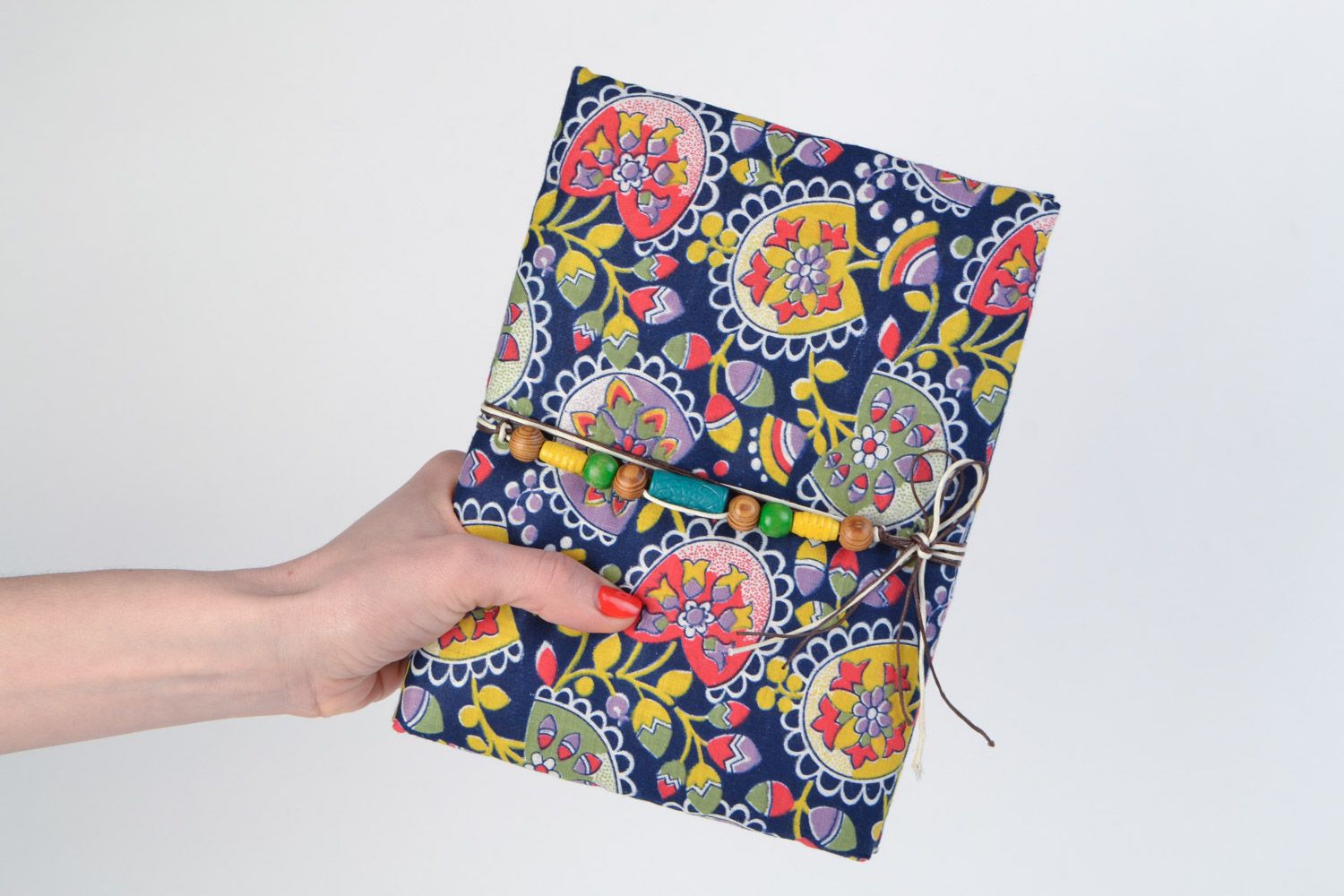 Handmade colorful motley designer notebook with soft fabric cover and ties photo 2