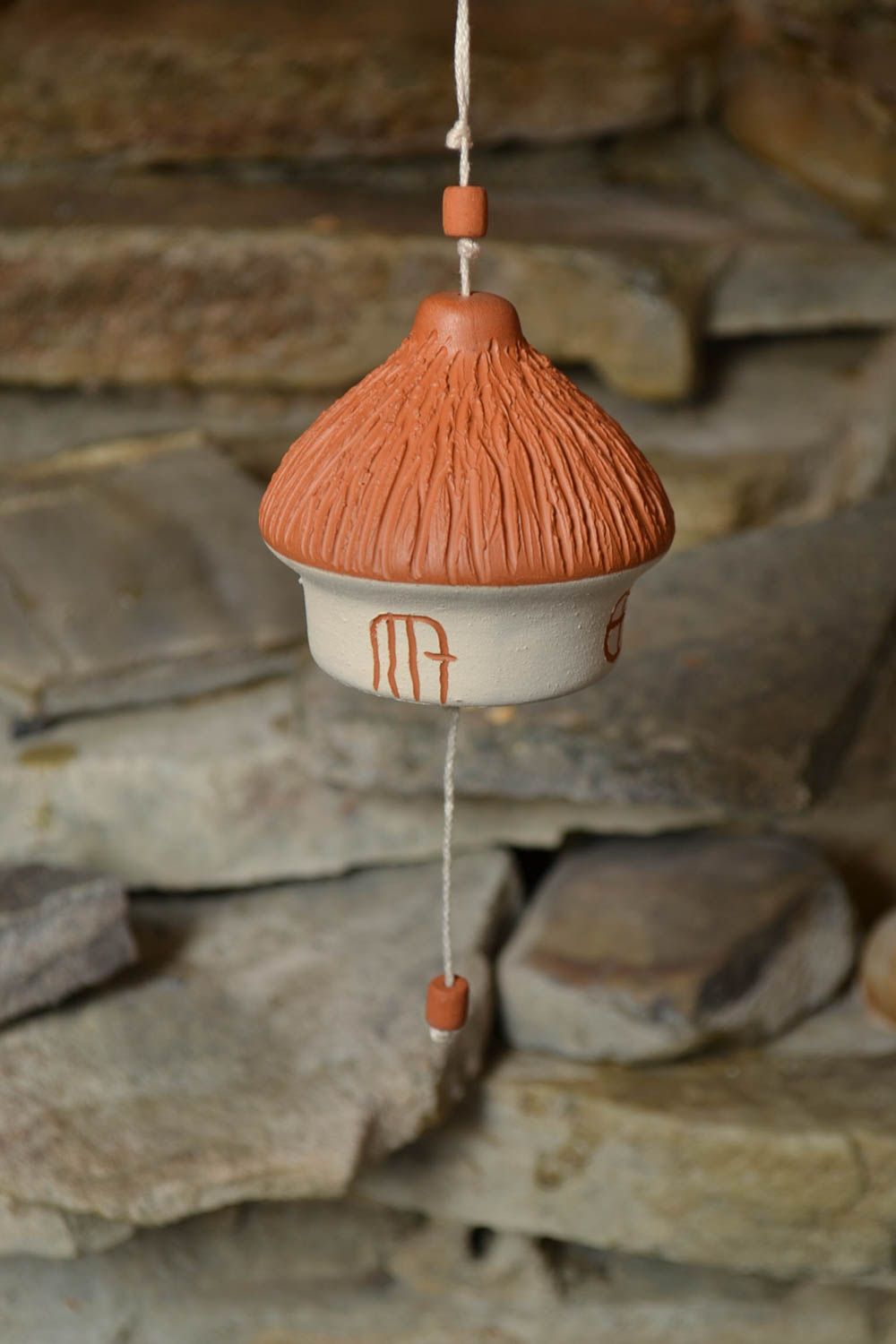 Handmade bell small house on cord made of clay painted interior pendant  photo 1