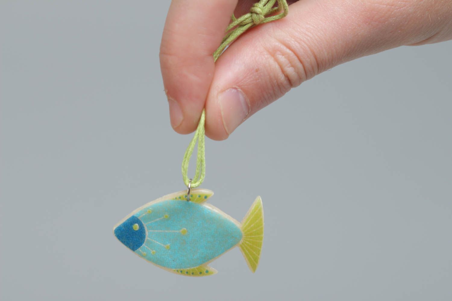 Handmade designer beautiful polymer clay pendant with print Fish on long cord photo 5