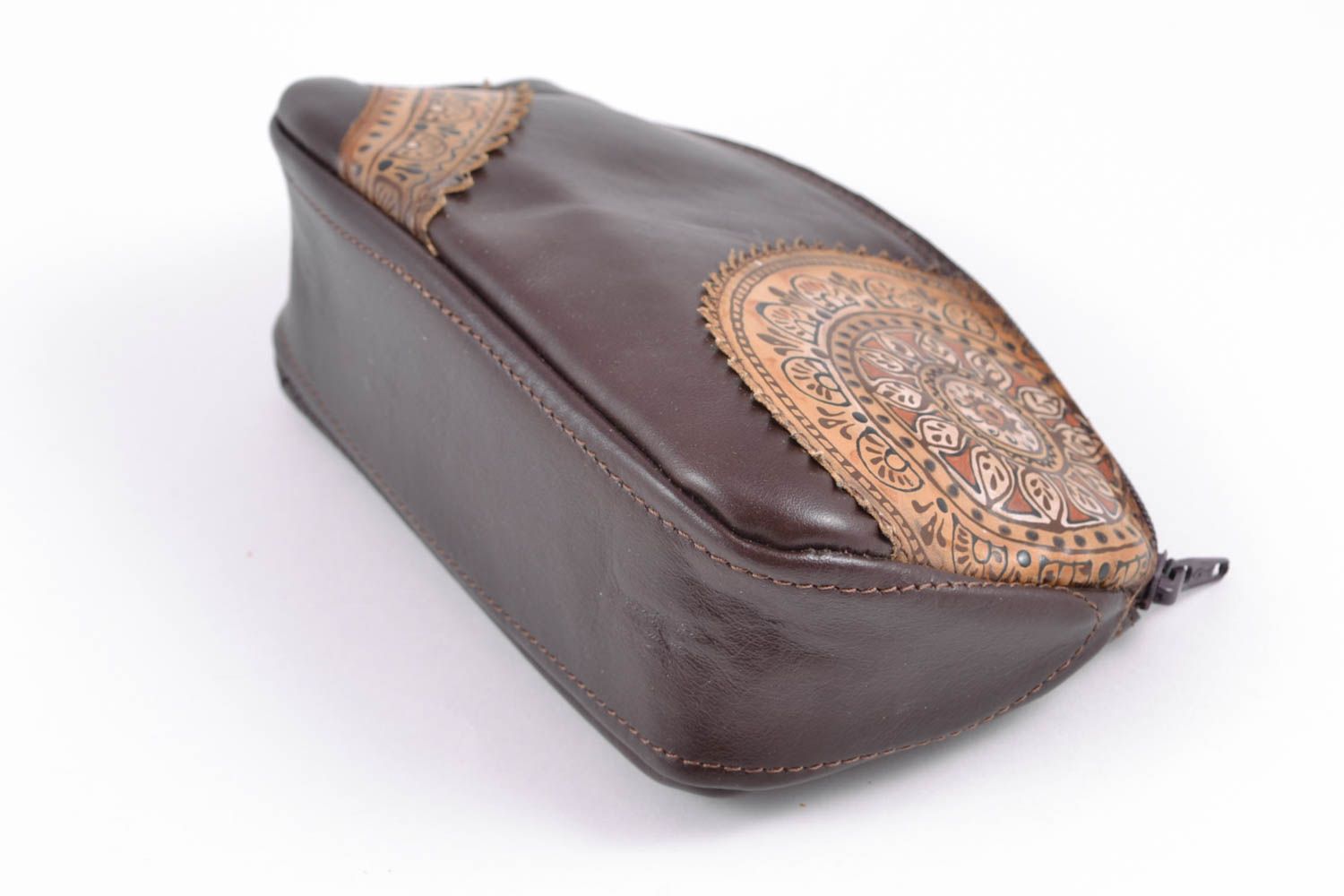 Handmade leather cosmetic bag of brown color photo 5