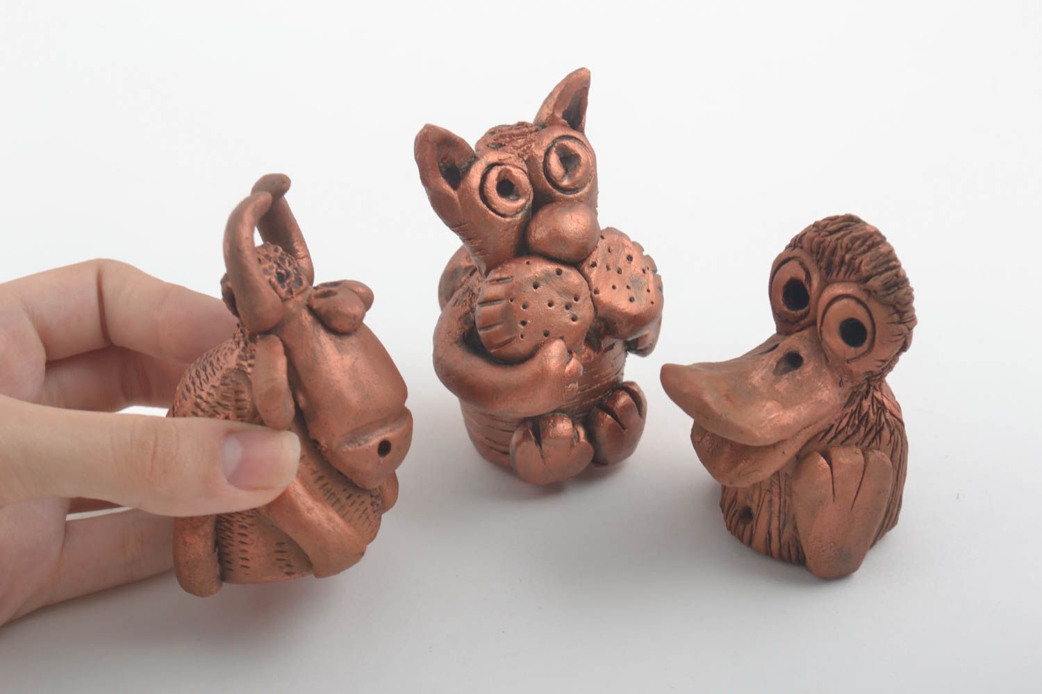 Handmade Figuren aus Ton Keramik Deko Keramikfiguren Tiere Set 3 Stück braun foto 5