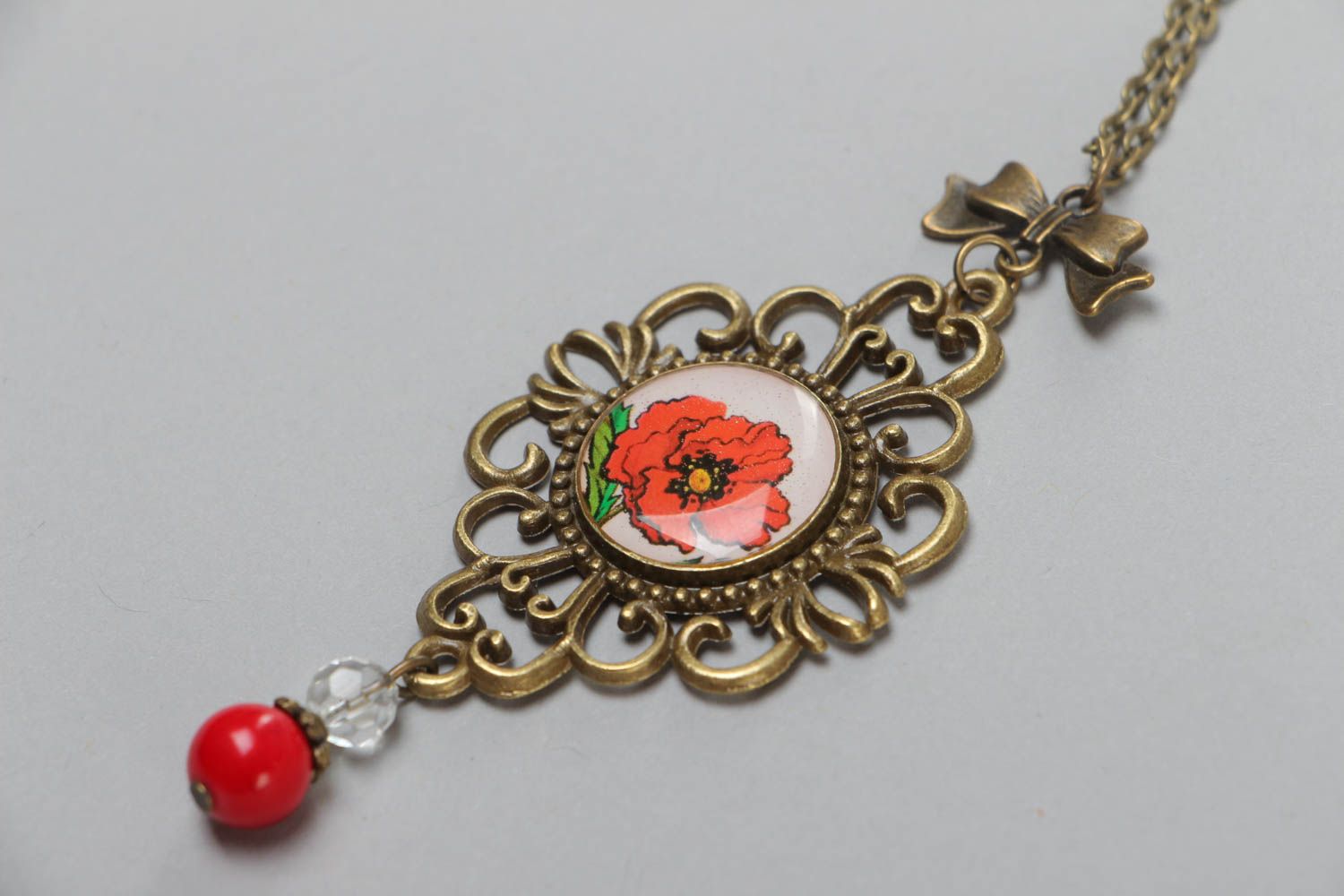 Handmade neck pendant on metal basis with glass-like glaze on chain Red Poppy photo 3