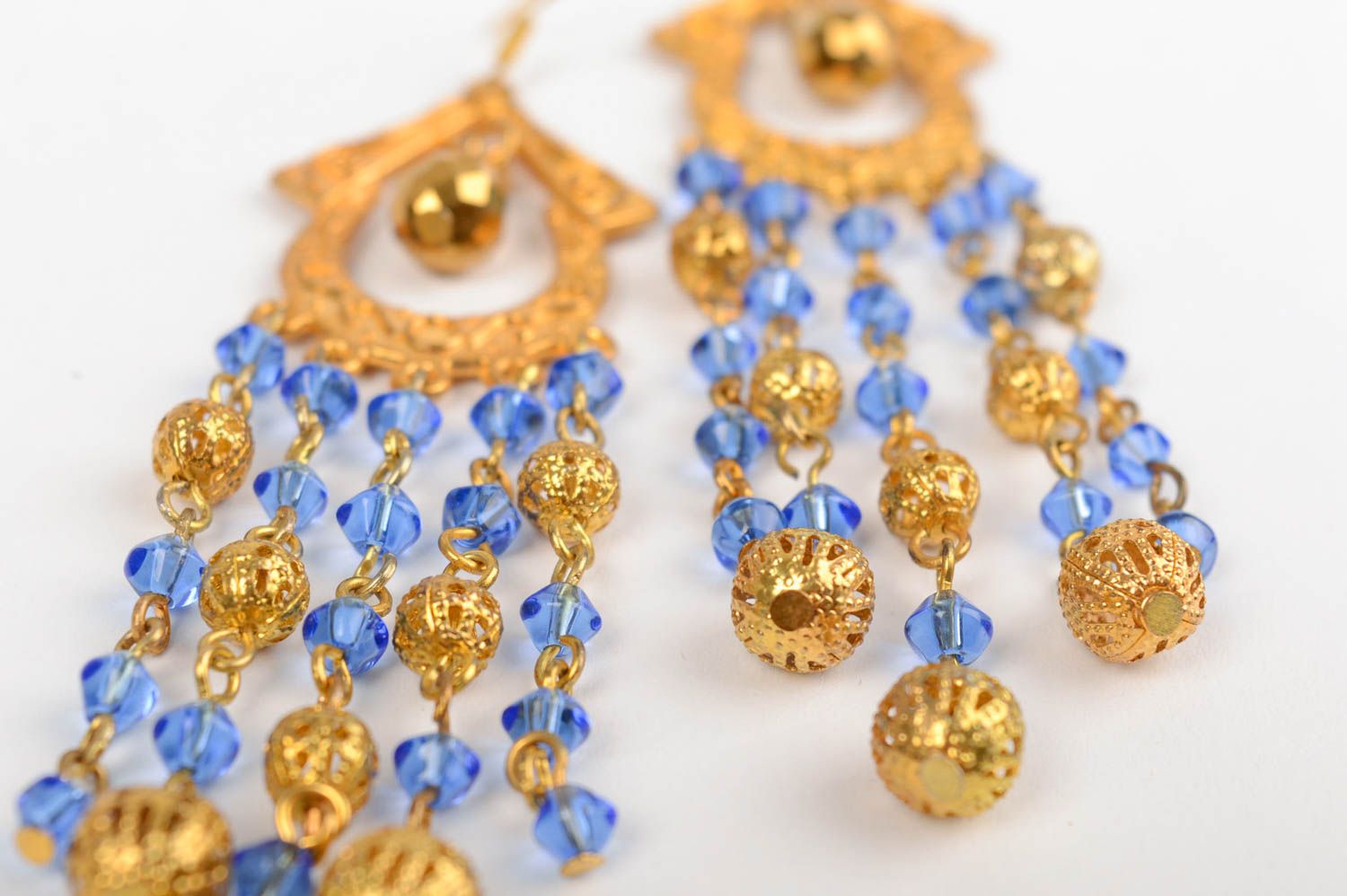 Handmade blue and golden long dangle earrings with Czech crystal in Orient style photo 2
