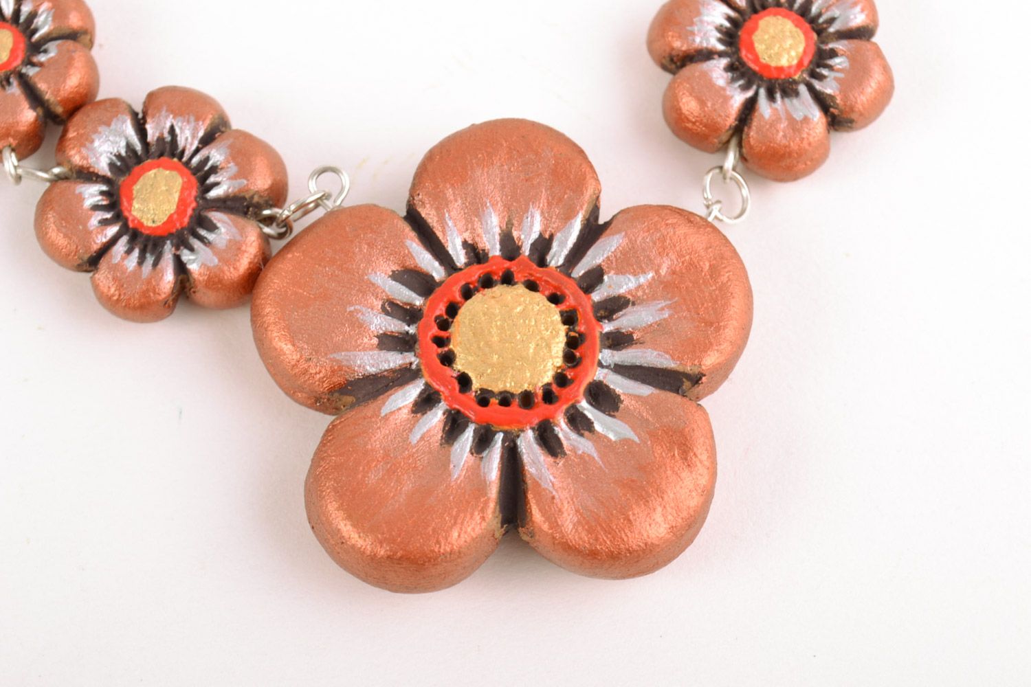 Handmade ceramic necklace on cord with molded flowers painted with acrylics photo 5