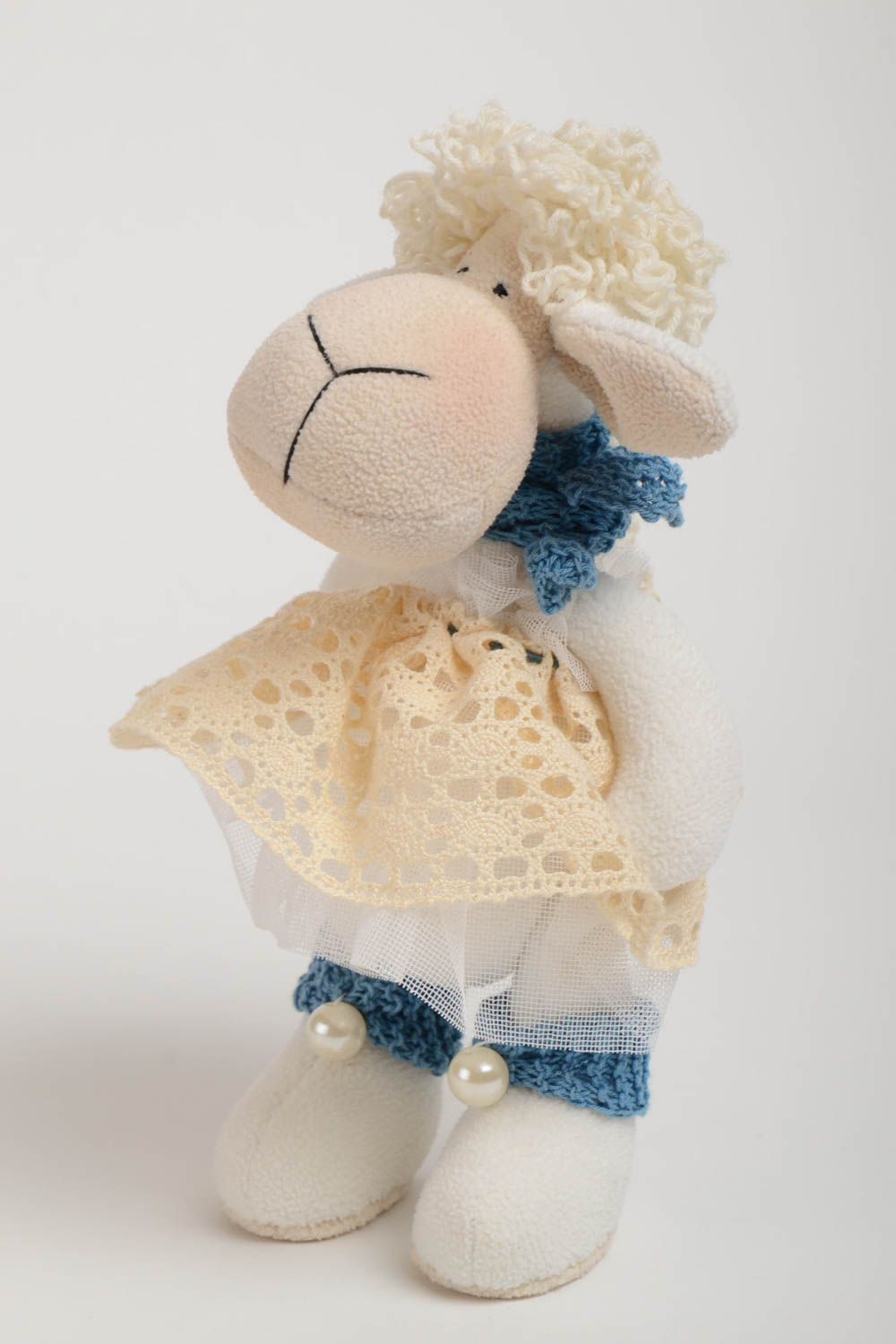 Decorative handmade soft toy sheep in dress made of natural fabrics for home photo 2