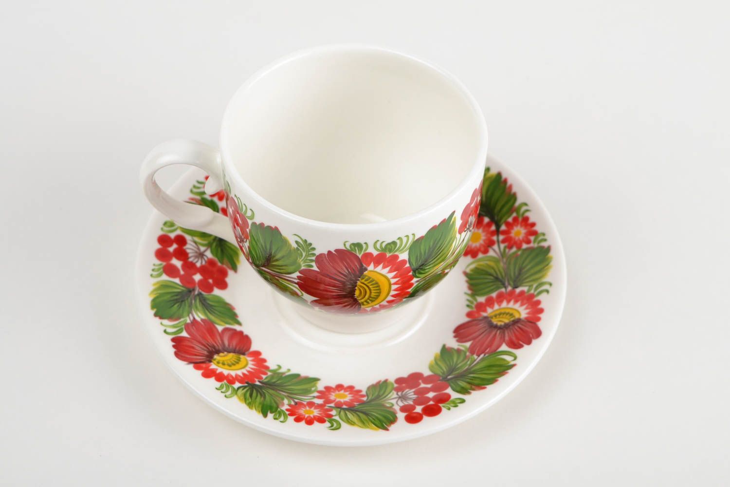 8 oz white porcelain teacup in bright floral red and green colors with handle and saucer photo 5