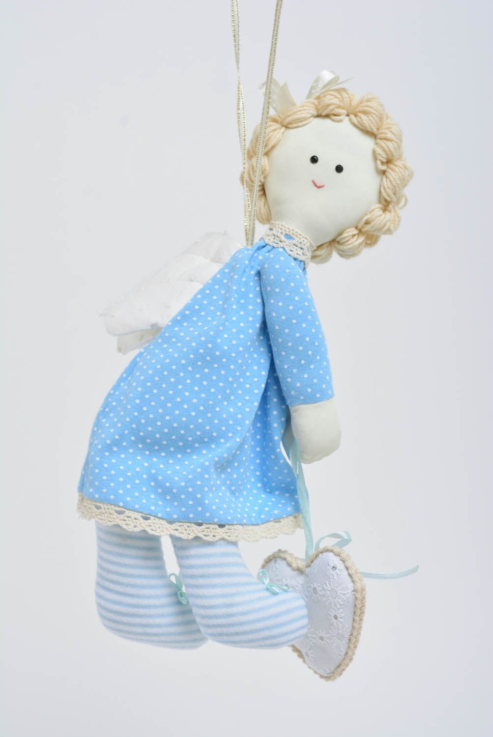 Handmade interior wall hanging soft toy sewn of cotton fairy in blue costume photo 1