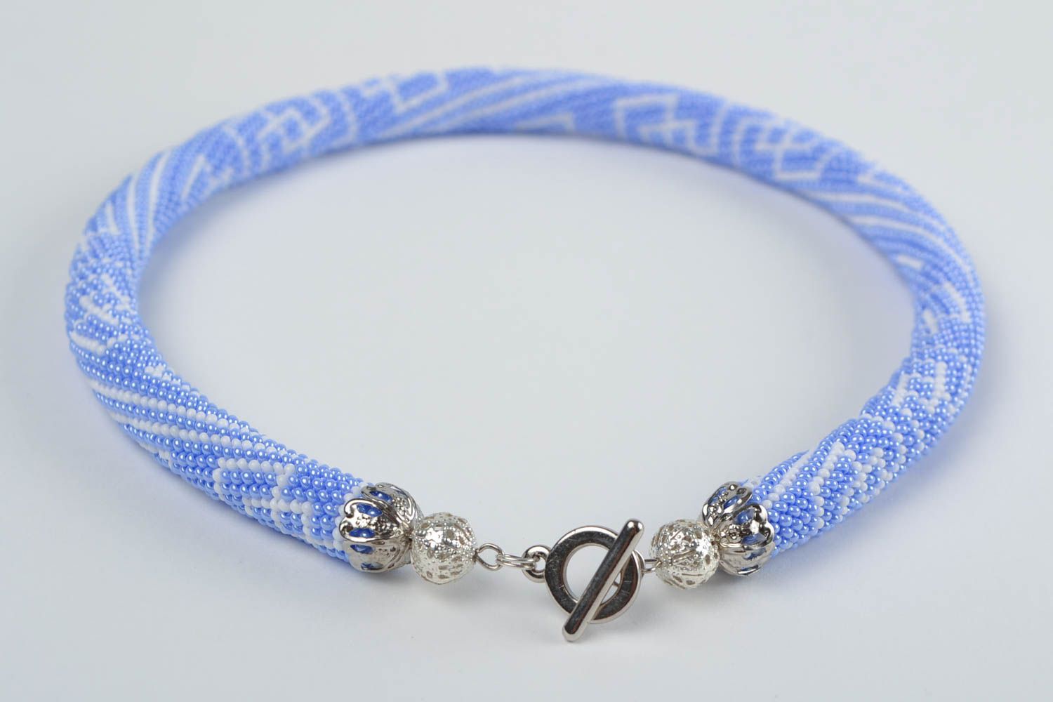 Handmade woven blue beautiful stylish beaded cord necklace with white ornaments photo 5