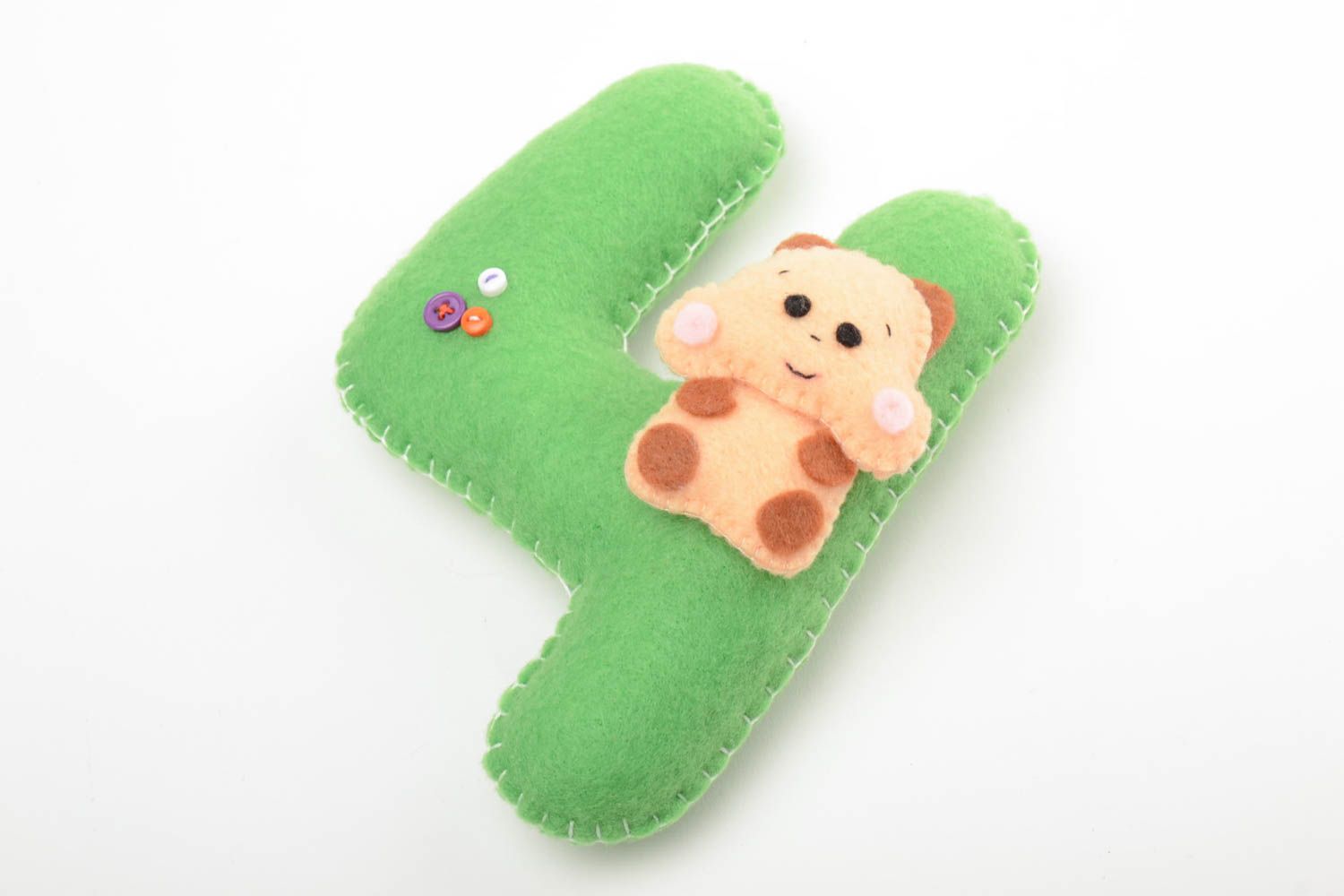 Handmade small green felt educational soft toy number four with decor for kids photo 2