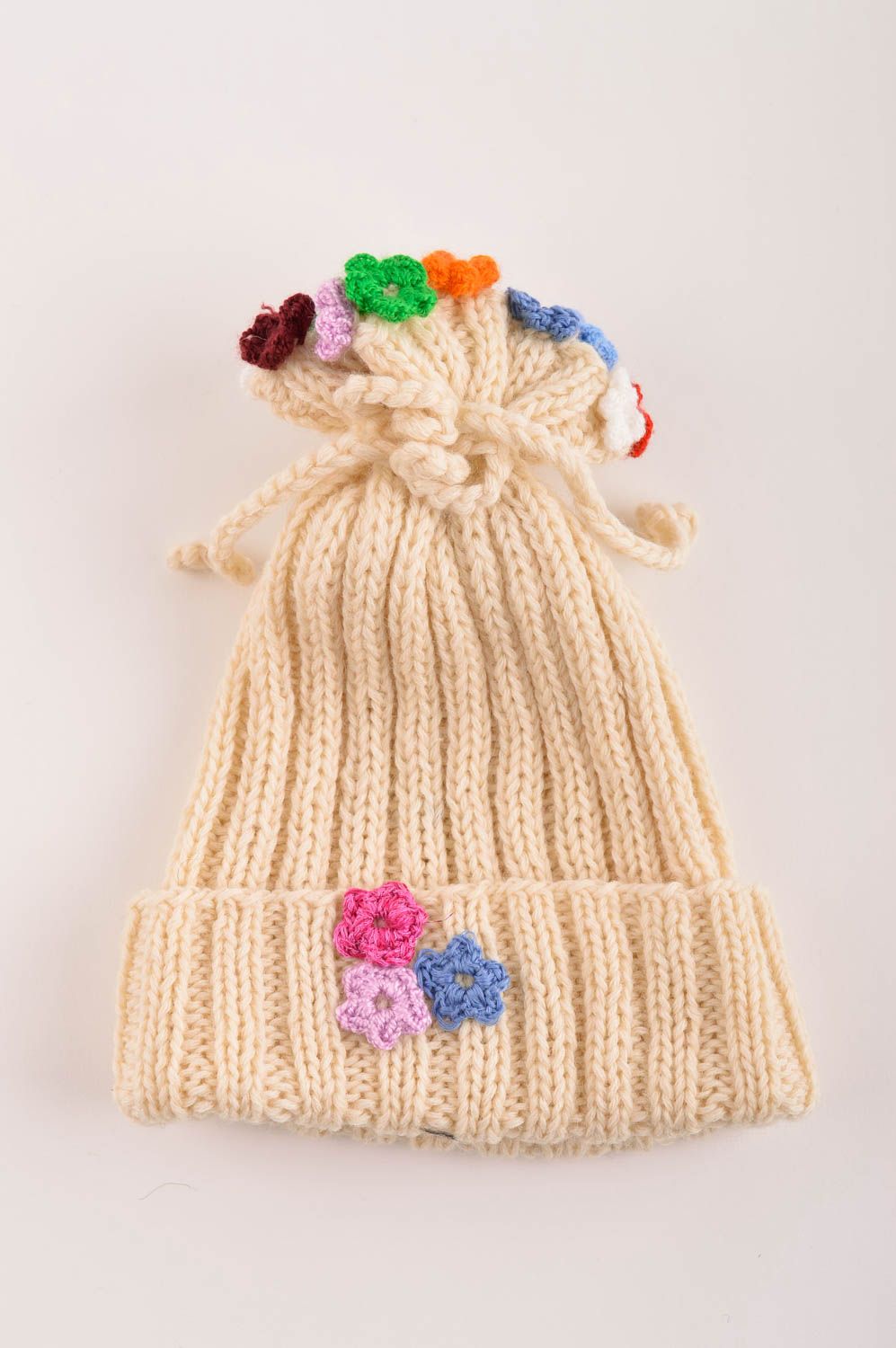 Bonnet tricot fait main Chapeau au crochet Vêtement enfant laine beige hiver photo 5