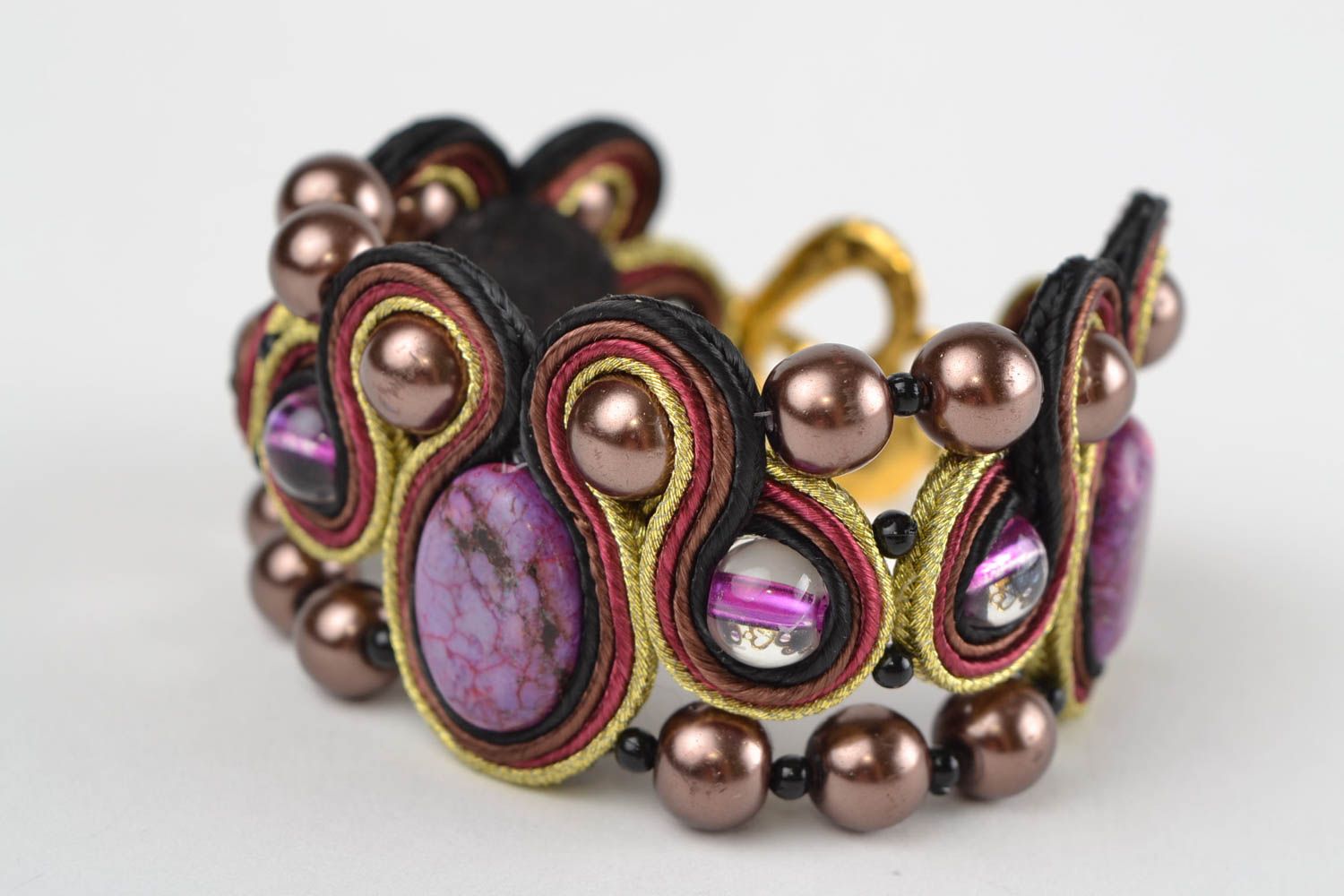 Beautiful handmade soutache wrist bracelet with howlite natural stone photo 3