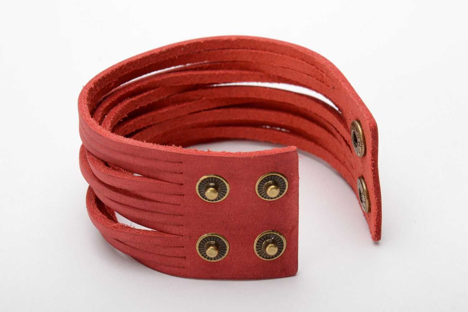 Handmade genuine leather wide wrist bracelet of red color 65 mm photo 4