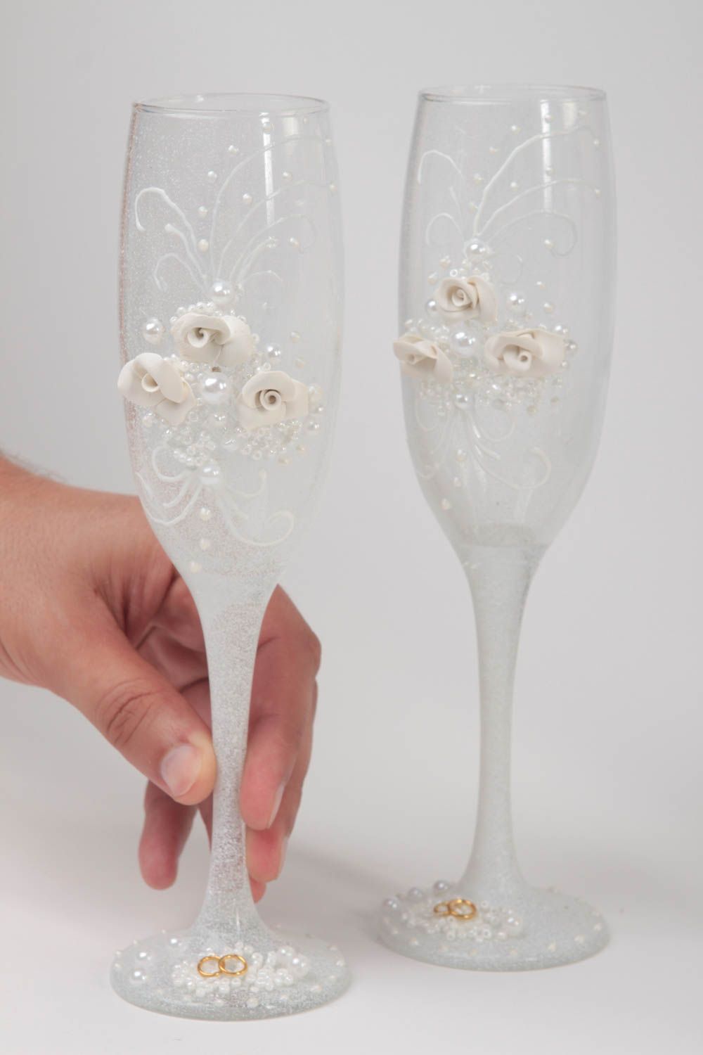 Handmade wedding ware flower beautiful glasses cute wedding white glasses photo 5