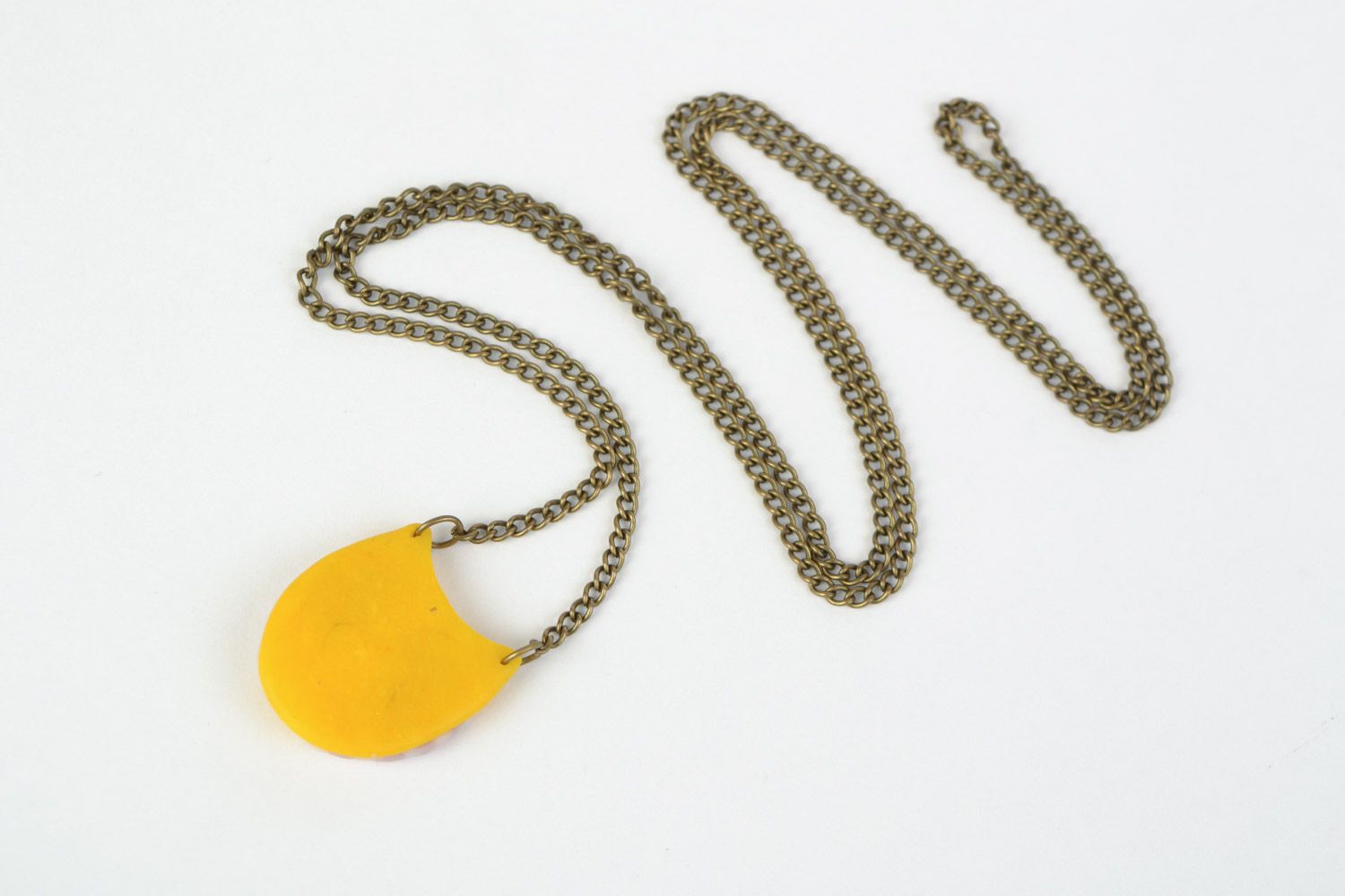 Cute handmade polymer clay neck pendant on long metal chain Yellow Owl photo 4