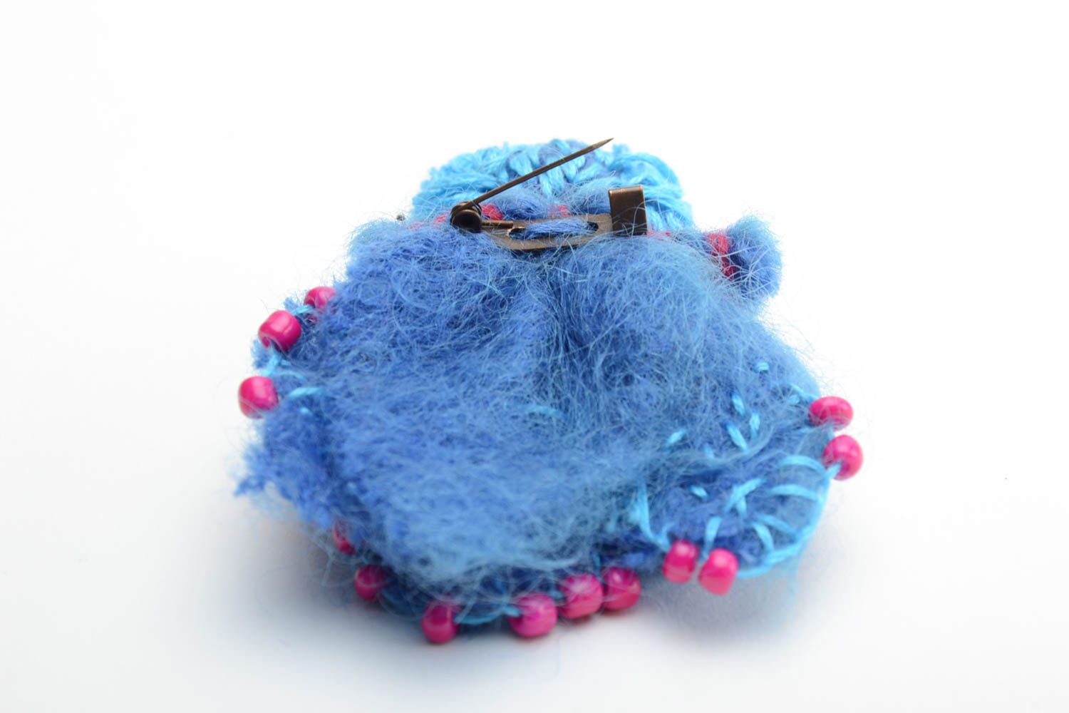 Designer handmade blue woolen brooch with beads stylish accessory for jacket photo 2
