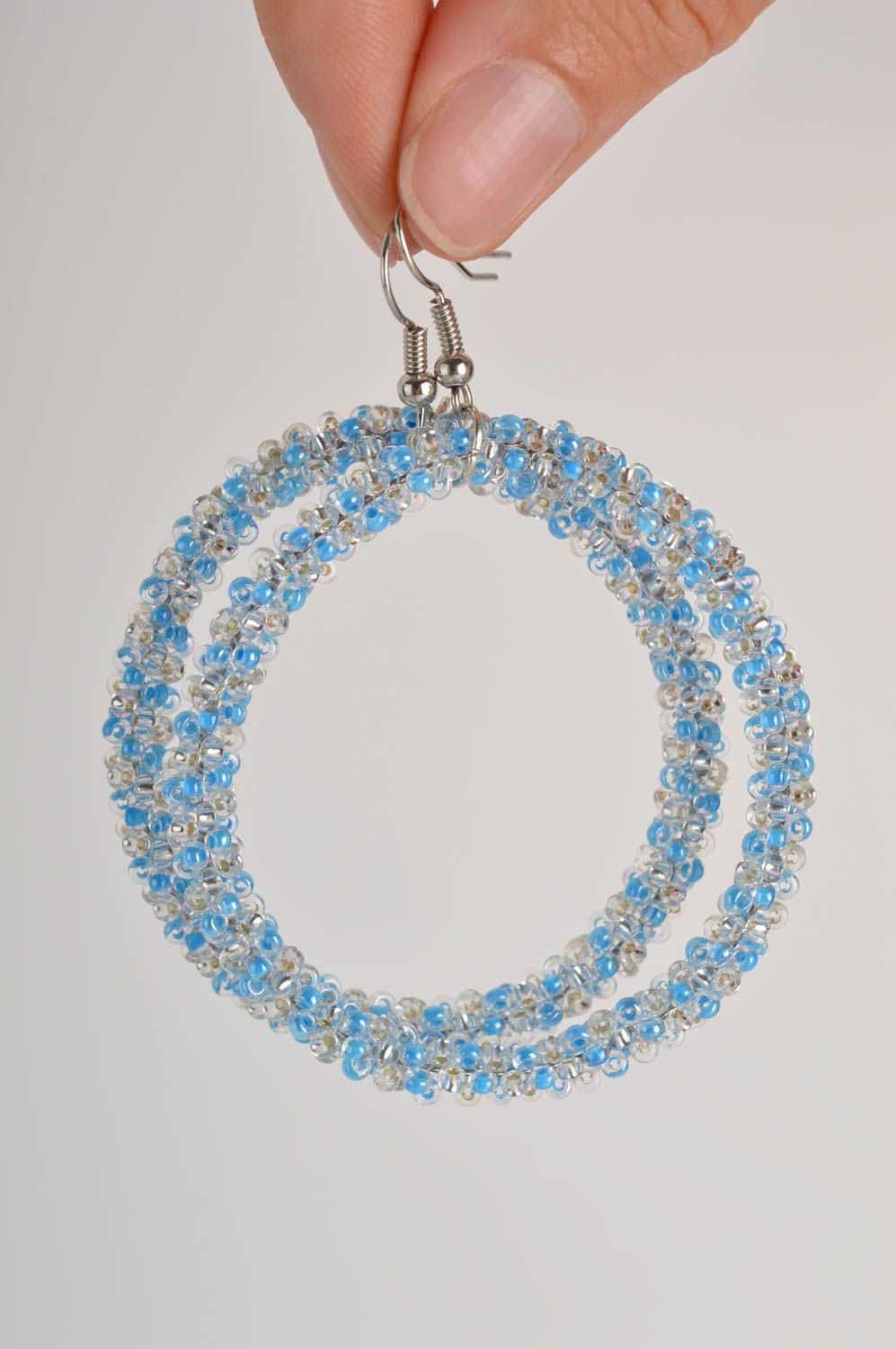 Handmade blue beautiful earrings unusual beaded accessory female earrings photo 5