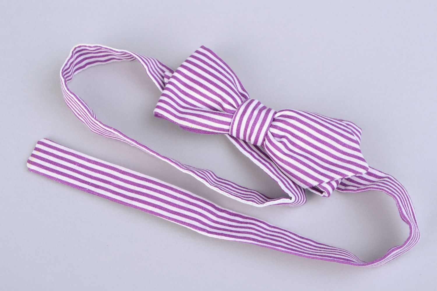 Handmade designer bow tie sewn of striped white and violet cotton fabric for men photo 5