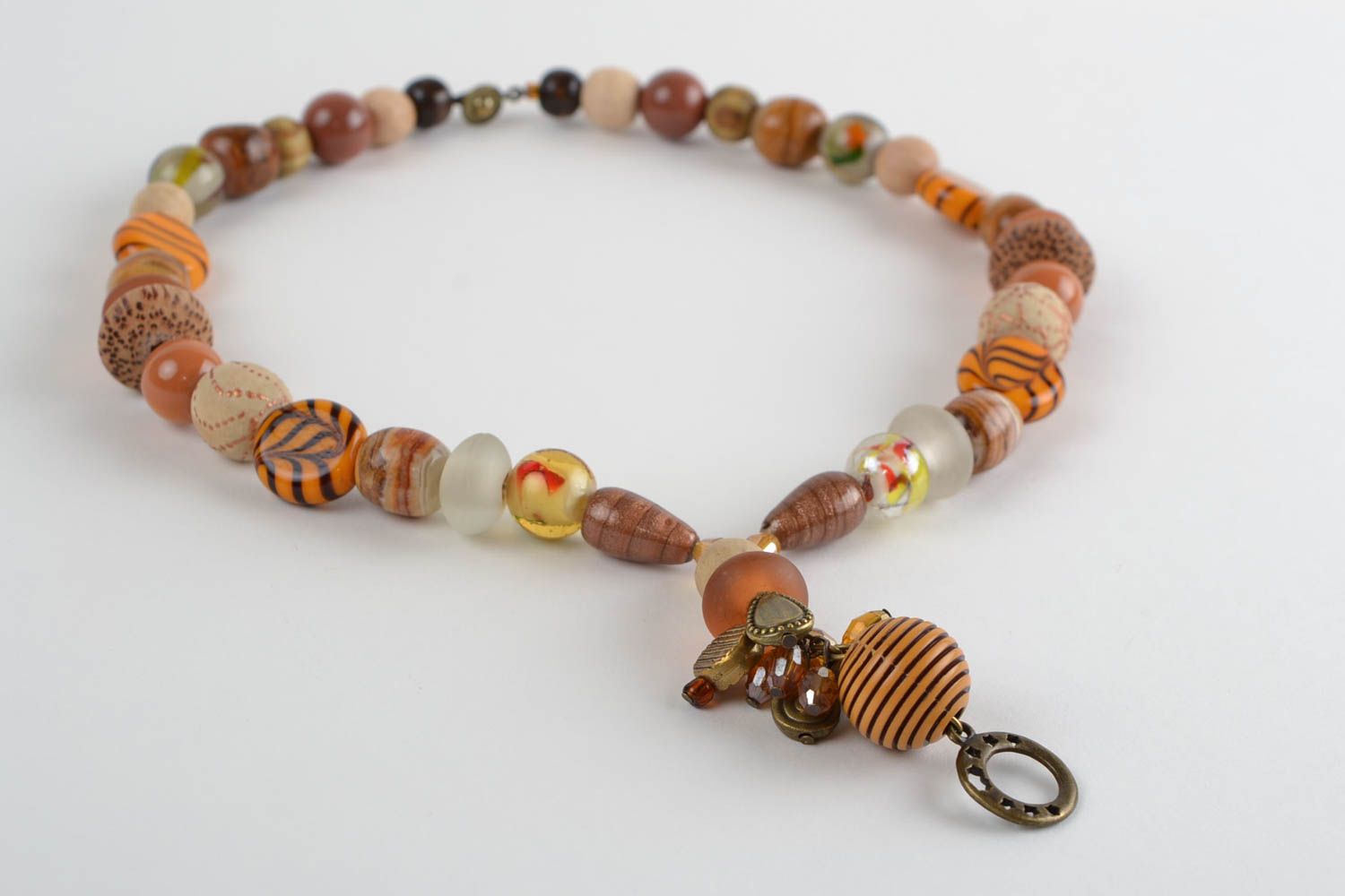 Handmade natural stone necklace with jadeite crystal and cork wood beads photo 4