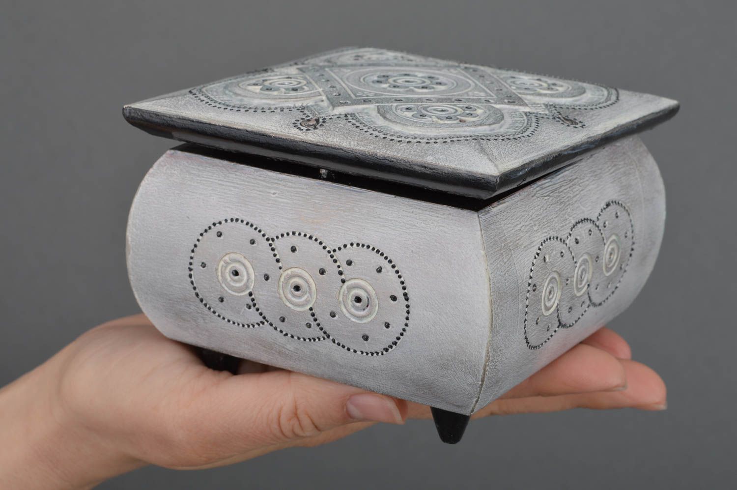 Light gray handmade designer square wooden jewelry box with dot painting photo 3