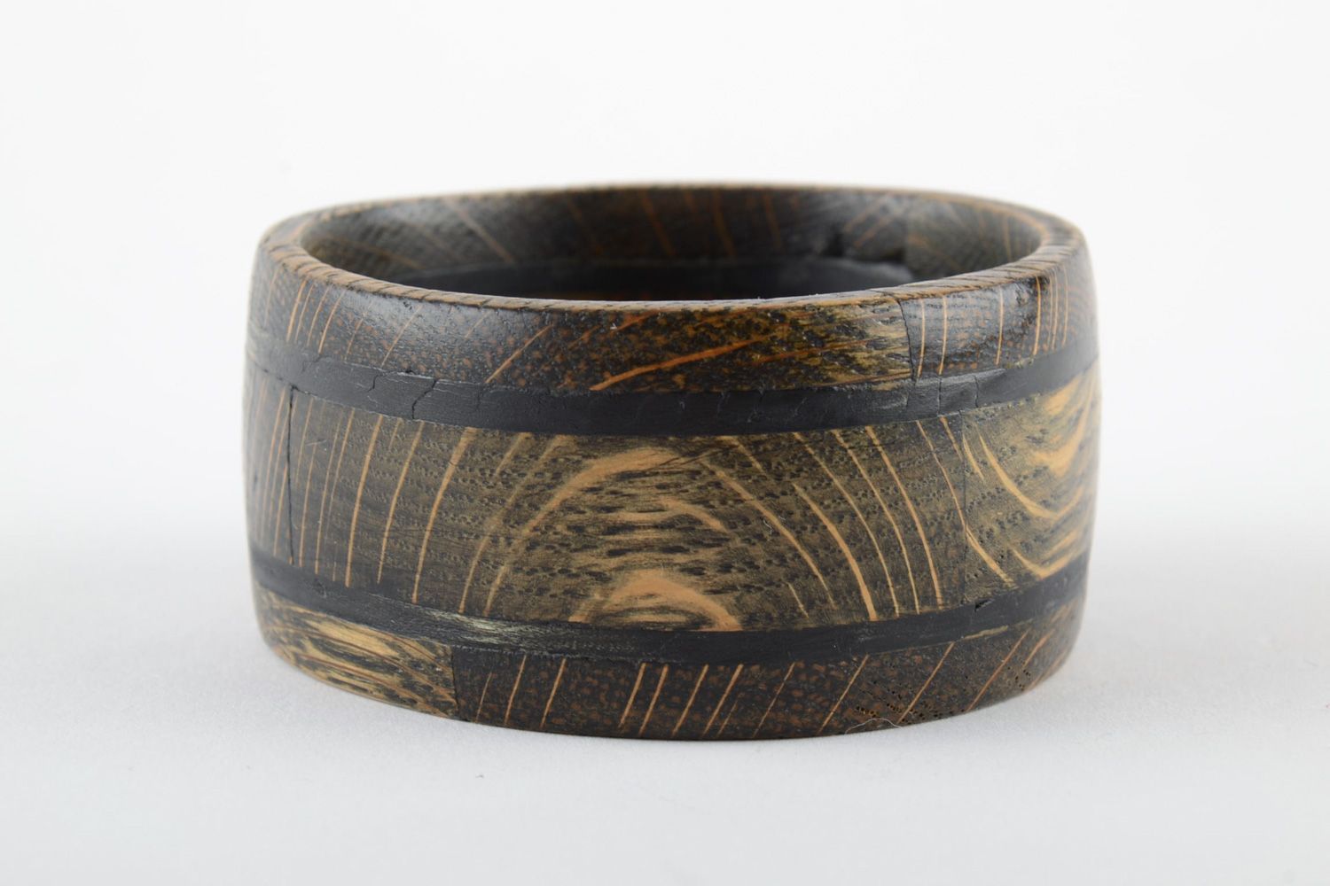 Broad handmade carved tinted wooden wrist bracelet with inlay for women photo 3