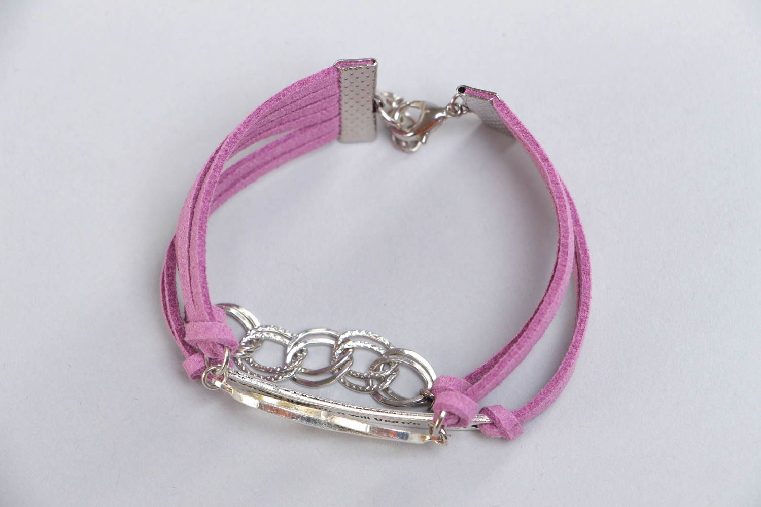 Handmade designer pink artificial suede cord bracelet with charms photo 2