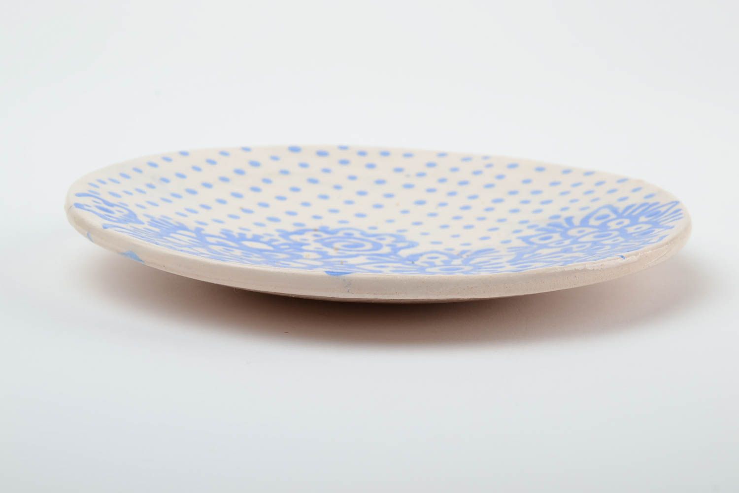 Handmade designer ceramic saucer white with blue ornament nice little pottery photo 4