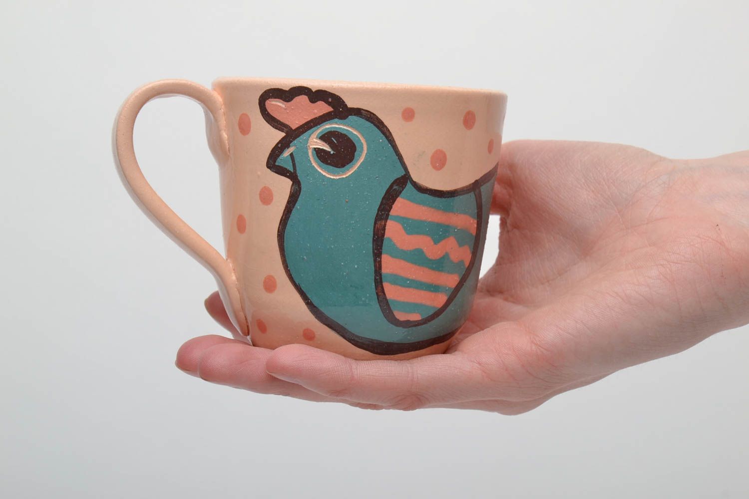 Ceramic cup in peach color with bird pattern. Great gift for a girl. photo 5