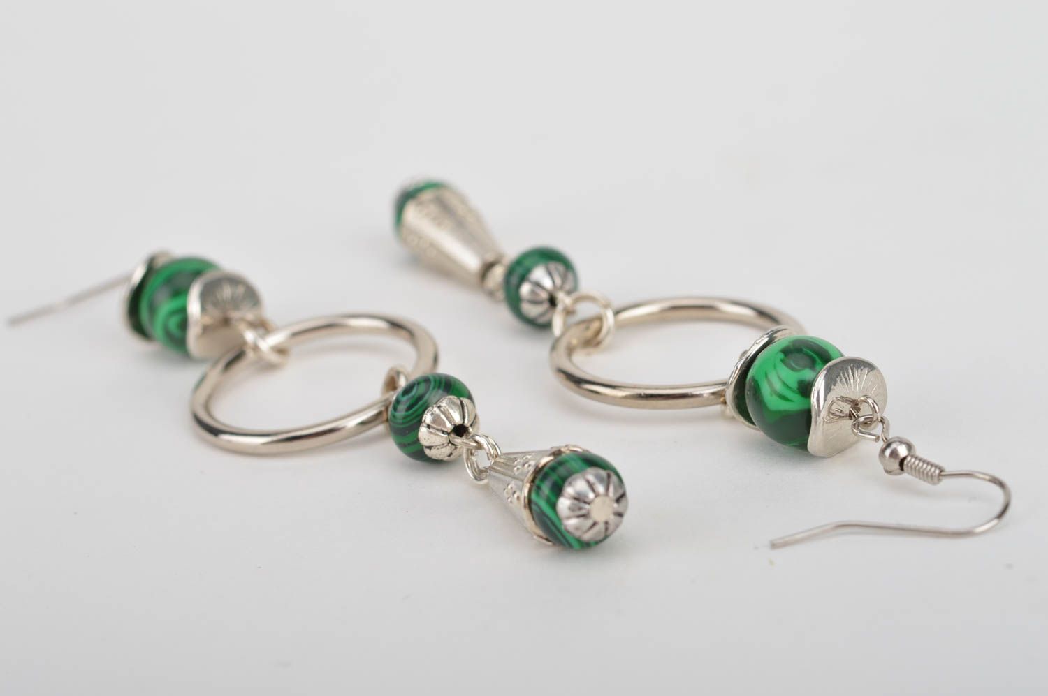 Beautiful handmade long metal hoop earrings with green beads photo 4