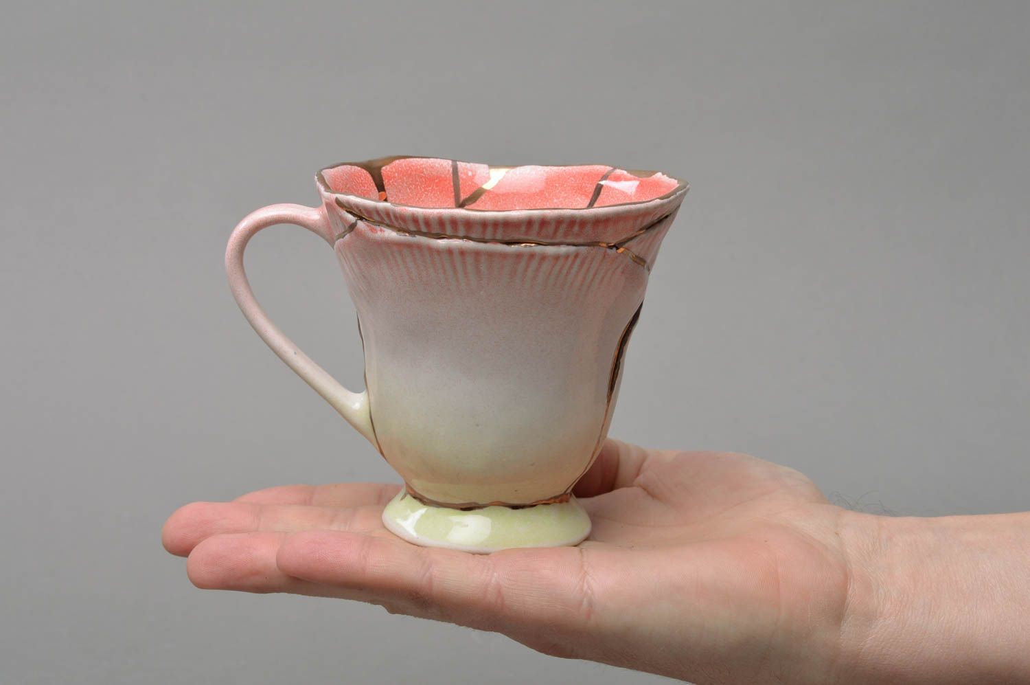 Handmade porcelain 3 oz white and pink color coffee cup with handle photo 4