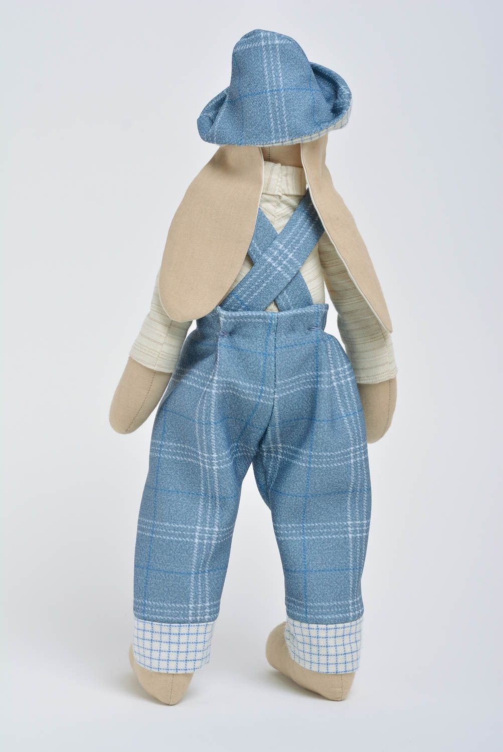 Handmade designer interior fabric soft toy rabbit boy in blue costume and hat photo 3