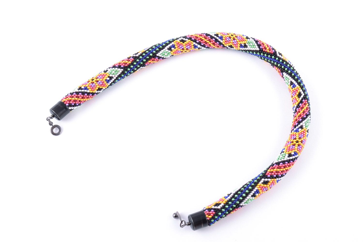 Handmade colorful women's cord necklace woven of beads with geometric ornament photo 4