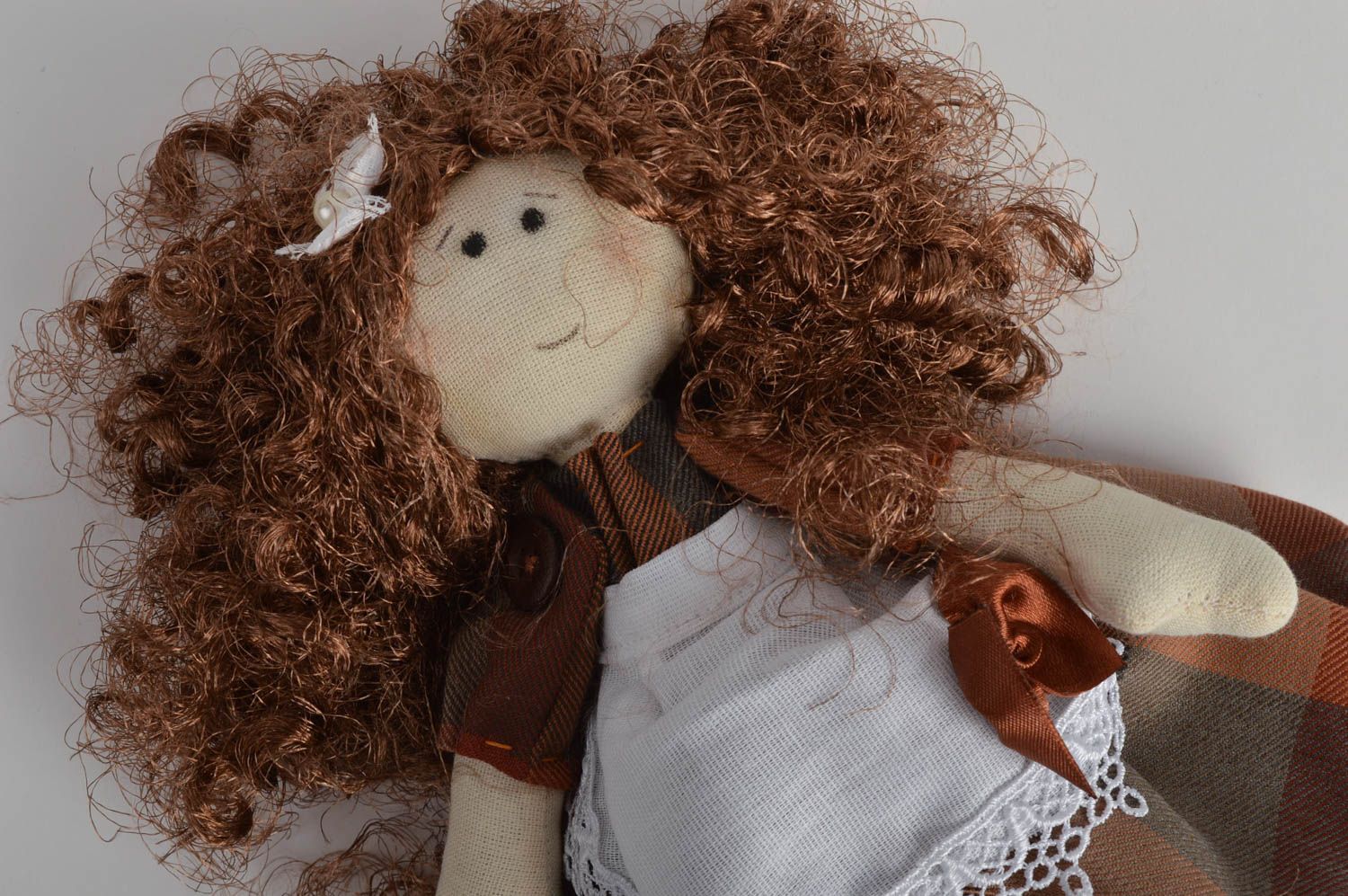 Handmade designer interior fabric soft doll little girl in brown and white dress photo 3