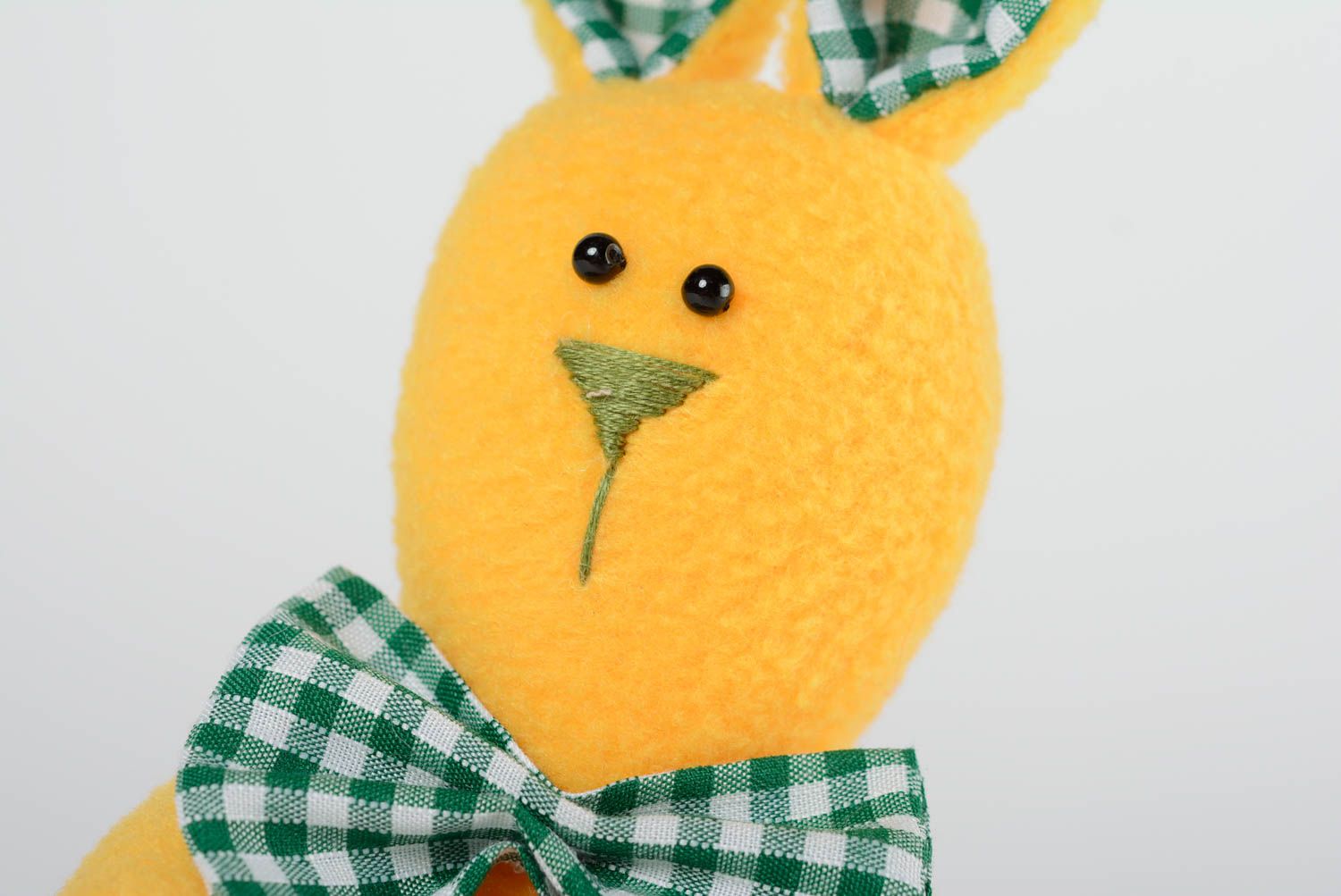 Handmade cotton and fleece fabric soft toy yellow rabbit with green checkered bow photo 2