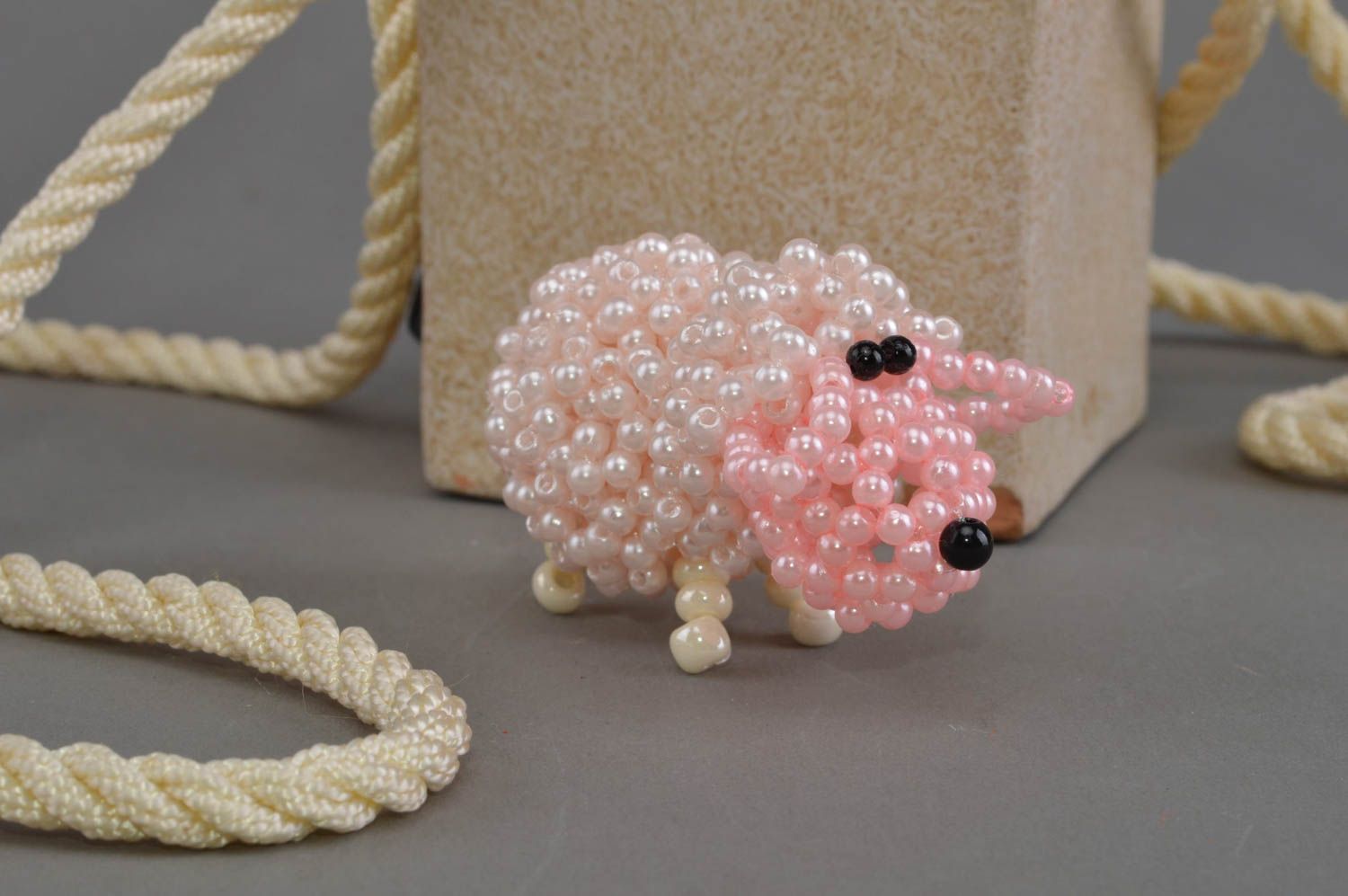 Handmade designer miniature beaded animal of figurine small pink lamb photo 1