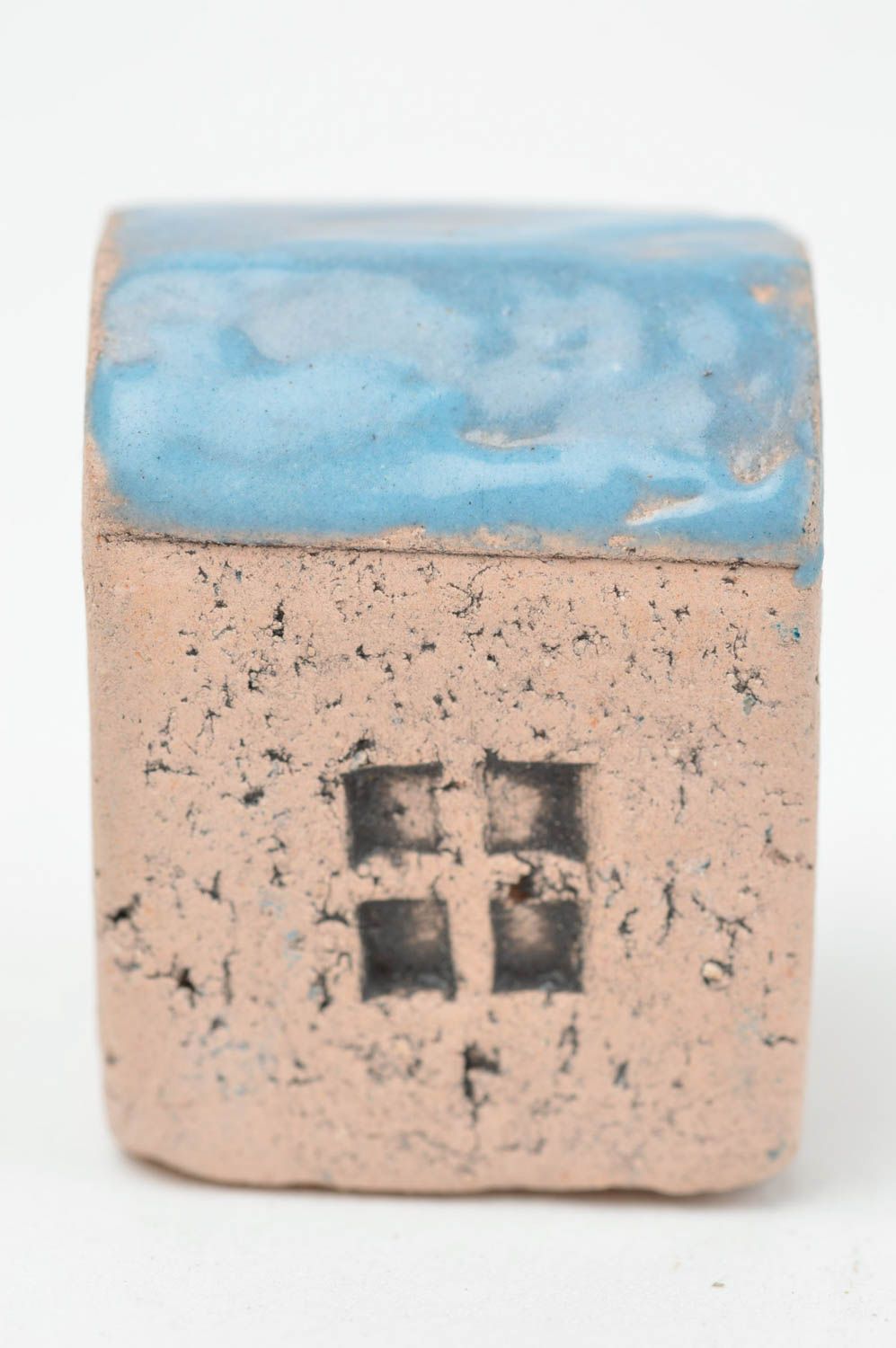 Kleine Keramische Figur Haus mit blauem Dach originell künstlerische Handarbeit foto 4